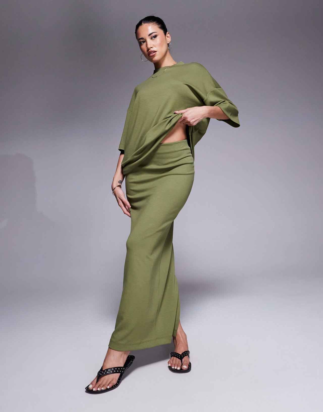 River Island clean neoprene maxi skirt in khaki