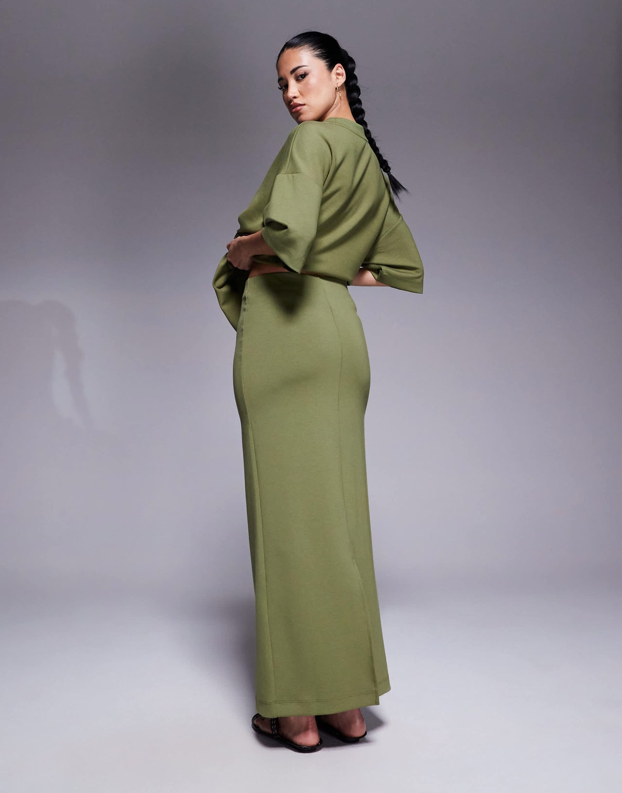 River Island clean neoprene maxi skirt in khaki