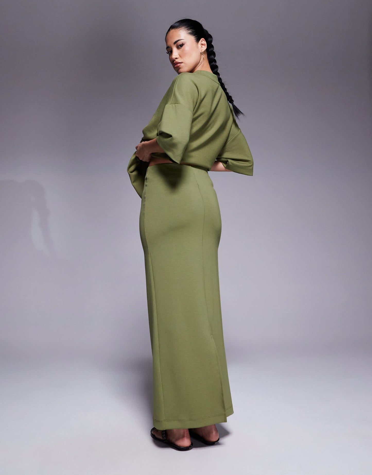 River Island clean neoprene maxi skirt in khaki