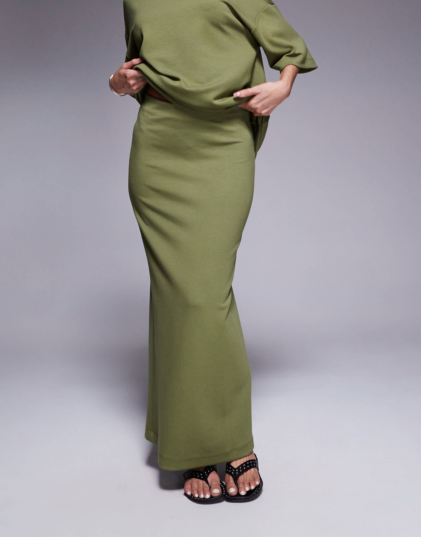 River Island clean neoprene maxi skirt in khaki