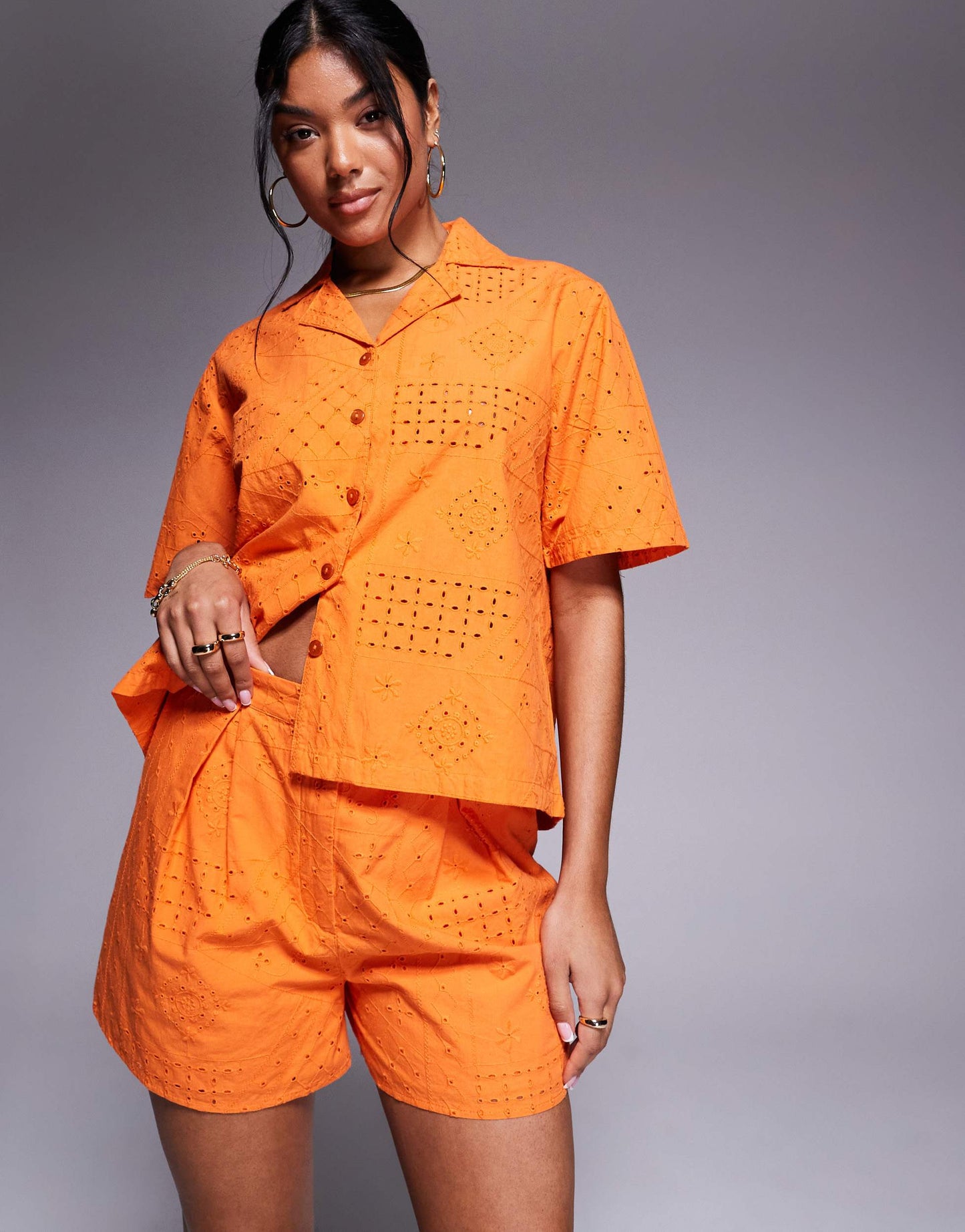 River Island broderie short co-ord in orange