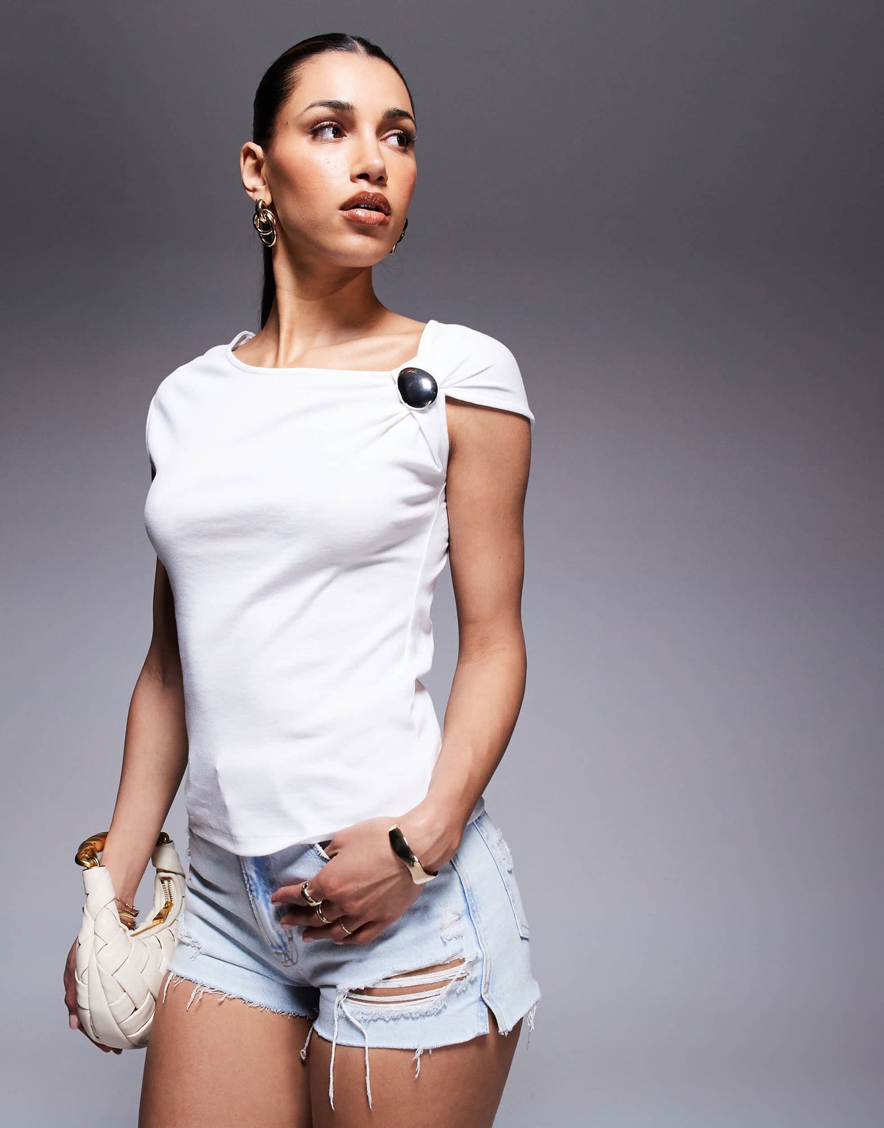 River Island drape shoulder detail  t-shirt in white