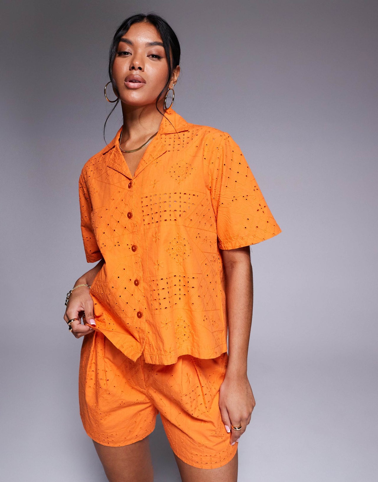 River Island broderie shirt co-ord in orange