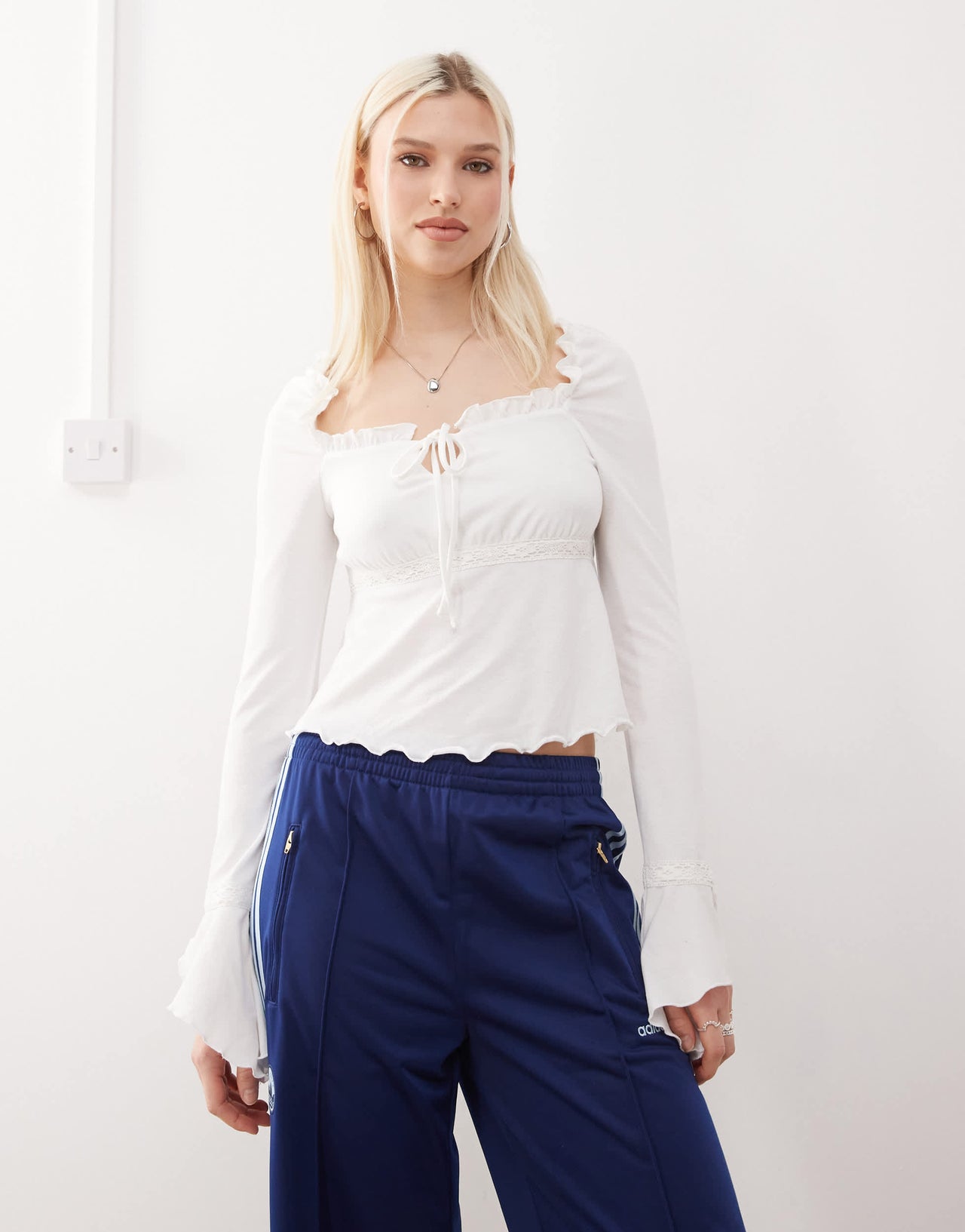 Reclaimed Vintage flared sleeve lace trim blouse in ecru