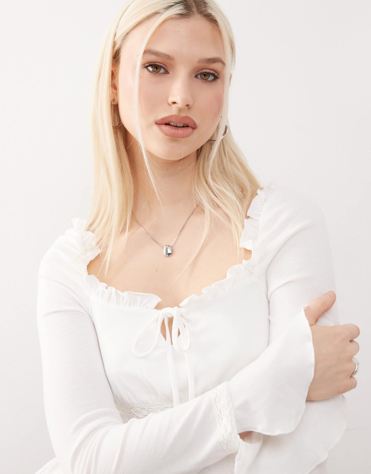 Reclaimed Vintage flared sleeve lace trim blouse in ecru