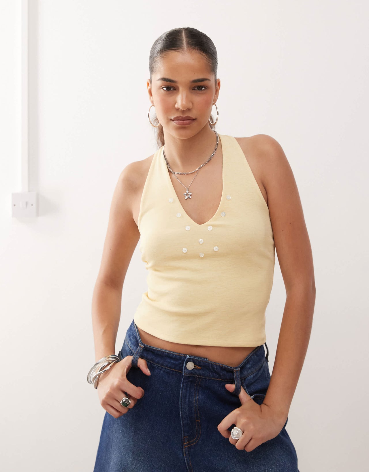 COLLUSION halter neck buttermilk top with pearl style button