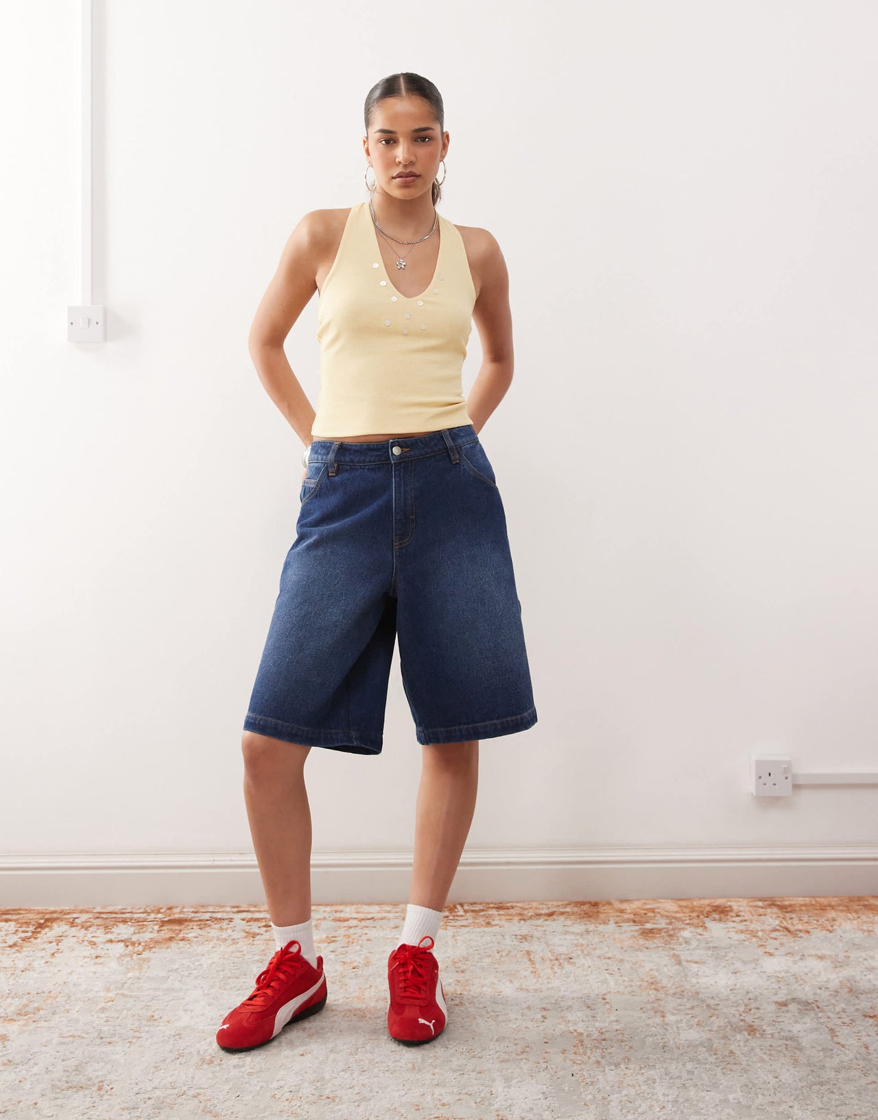 COLLUSION halter neck buttermilk top with pearl style button