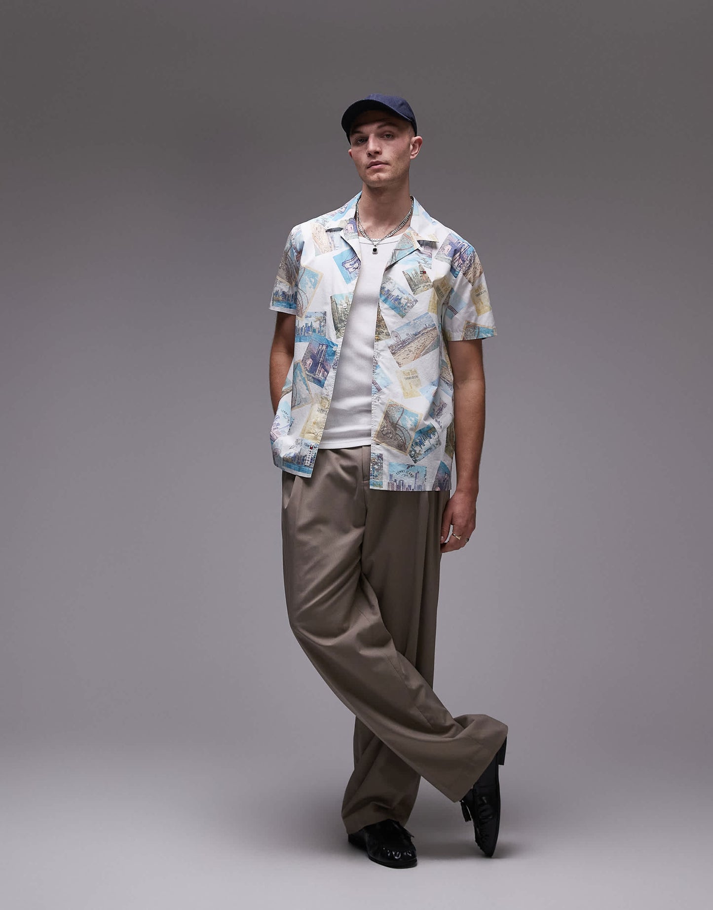Tommy Jeans poplin postcard camp shirt in multi