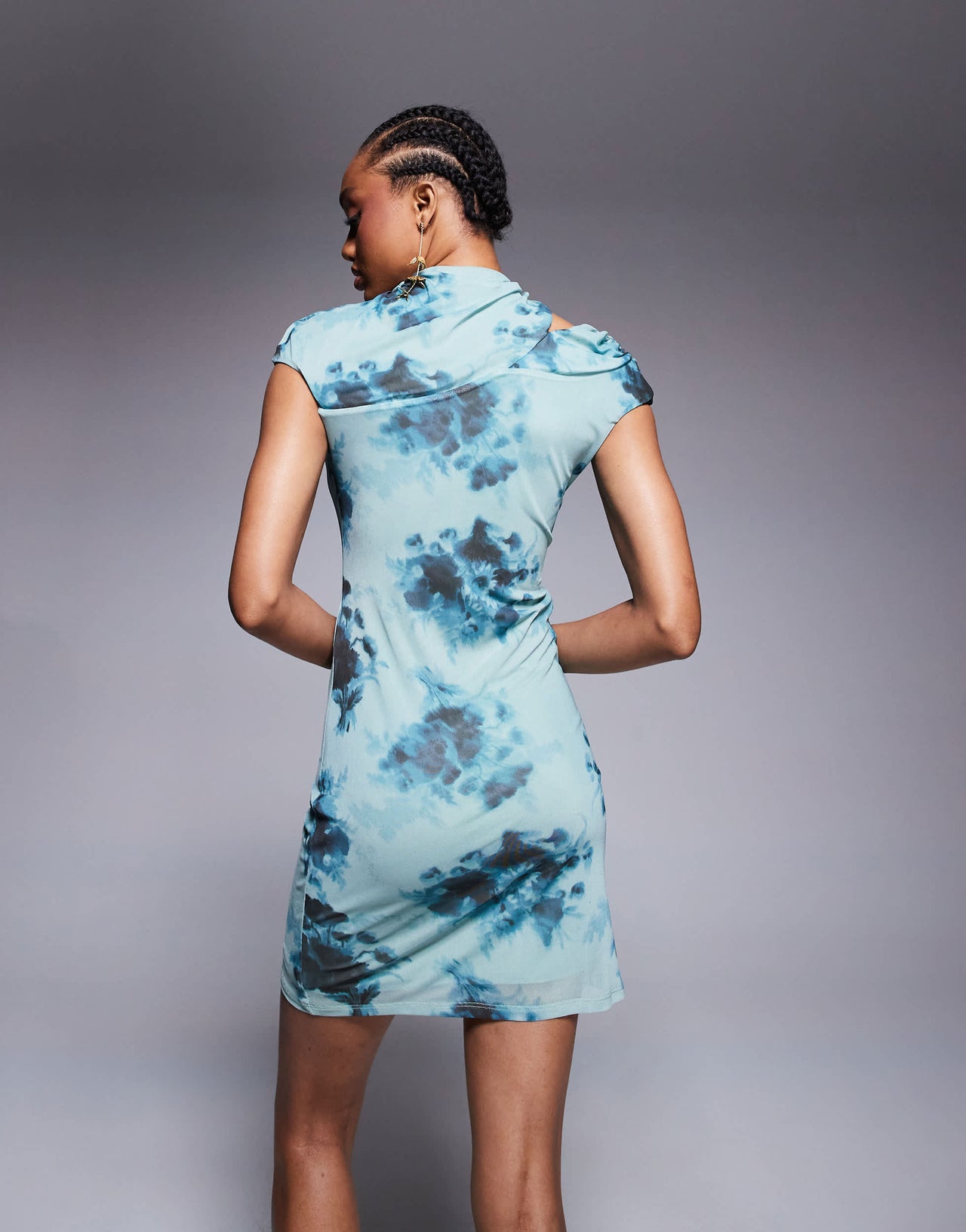 ASOS DESIGN Tall mesh cap sleeve mini dress with slash shoulder in blue blurred floral print