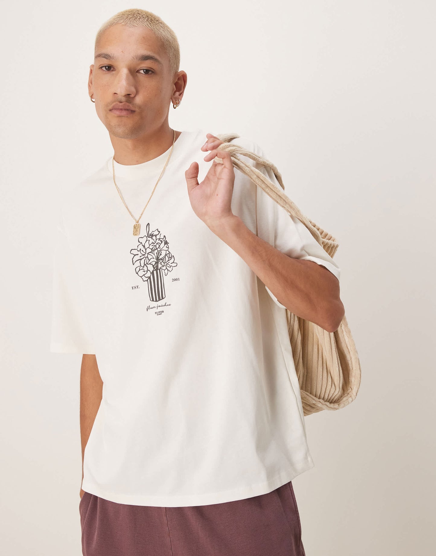 Selected oversized t-shirt with vase chest print in cream
