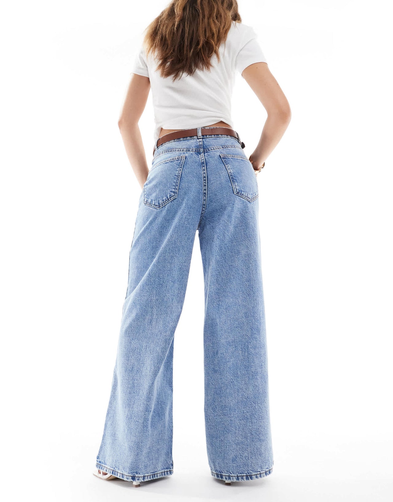 ASOS DESIGN high waisted wide leg jeans with belt in light mid wash
