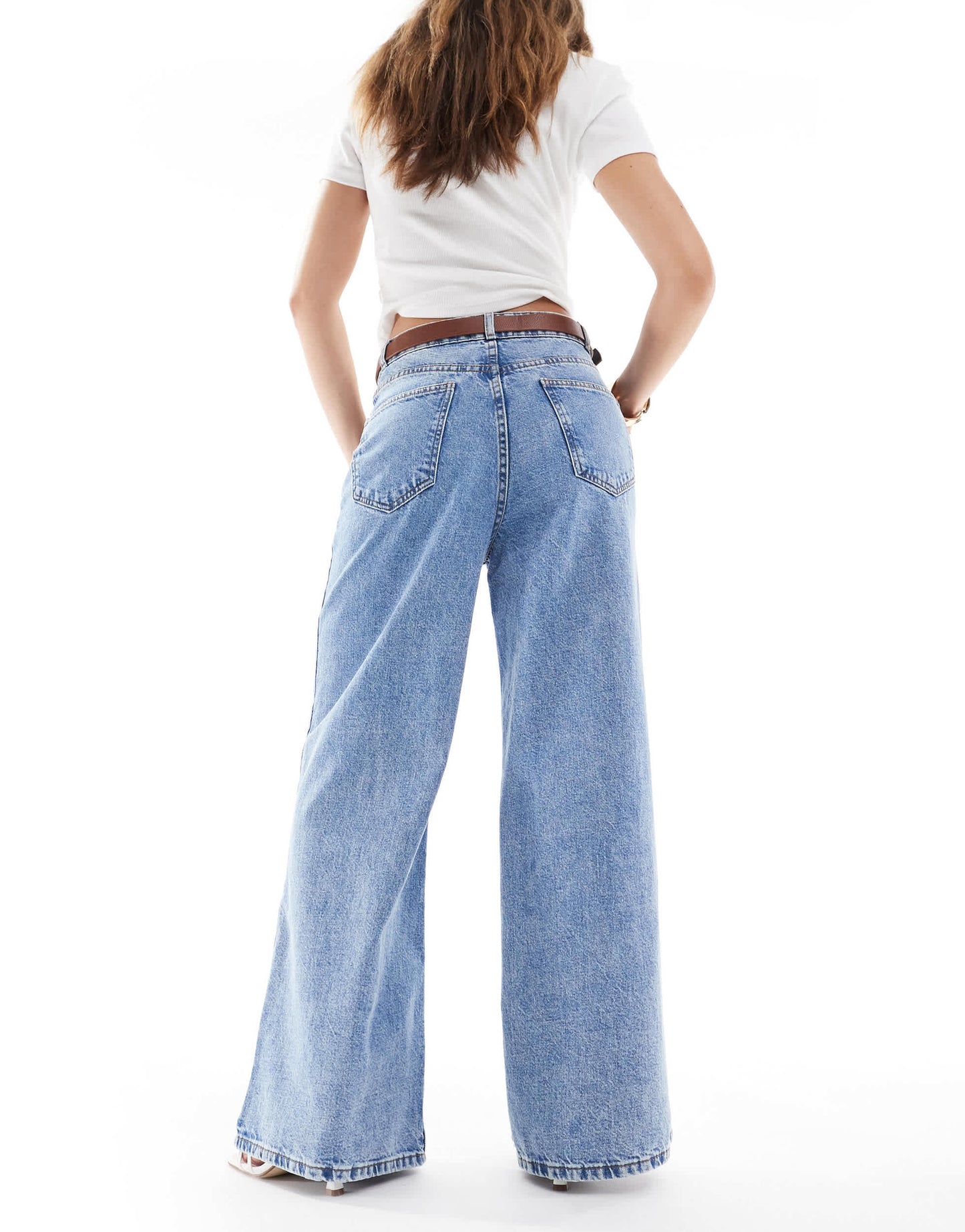 ASOS DESIGN high waisted wide leg jeans with belt in light mid wash