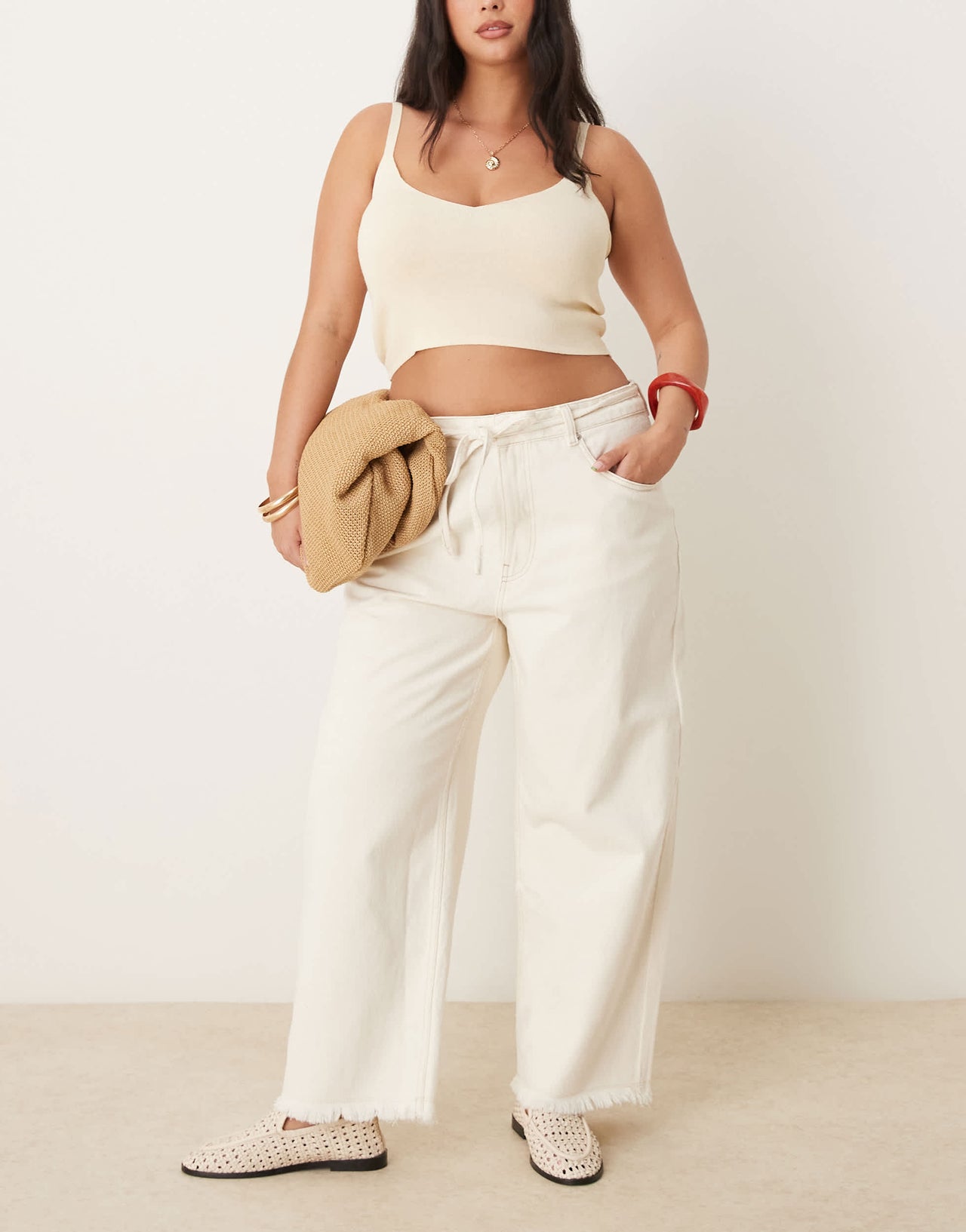 ASOS DESIGN Curve crop wide leg dad jean with belt in ecru