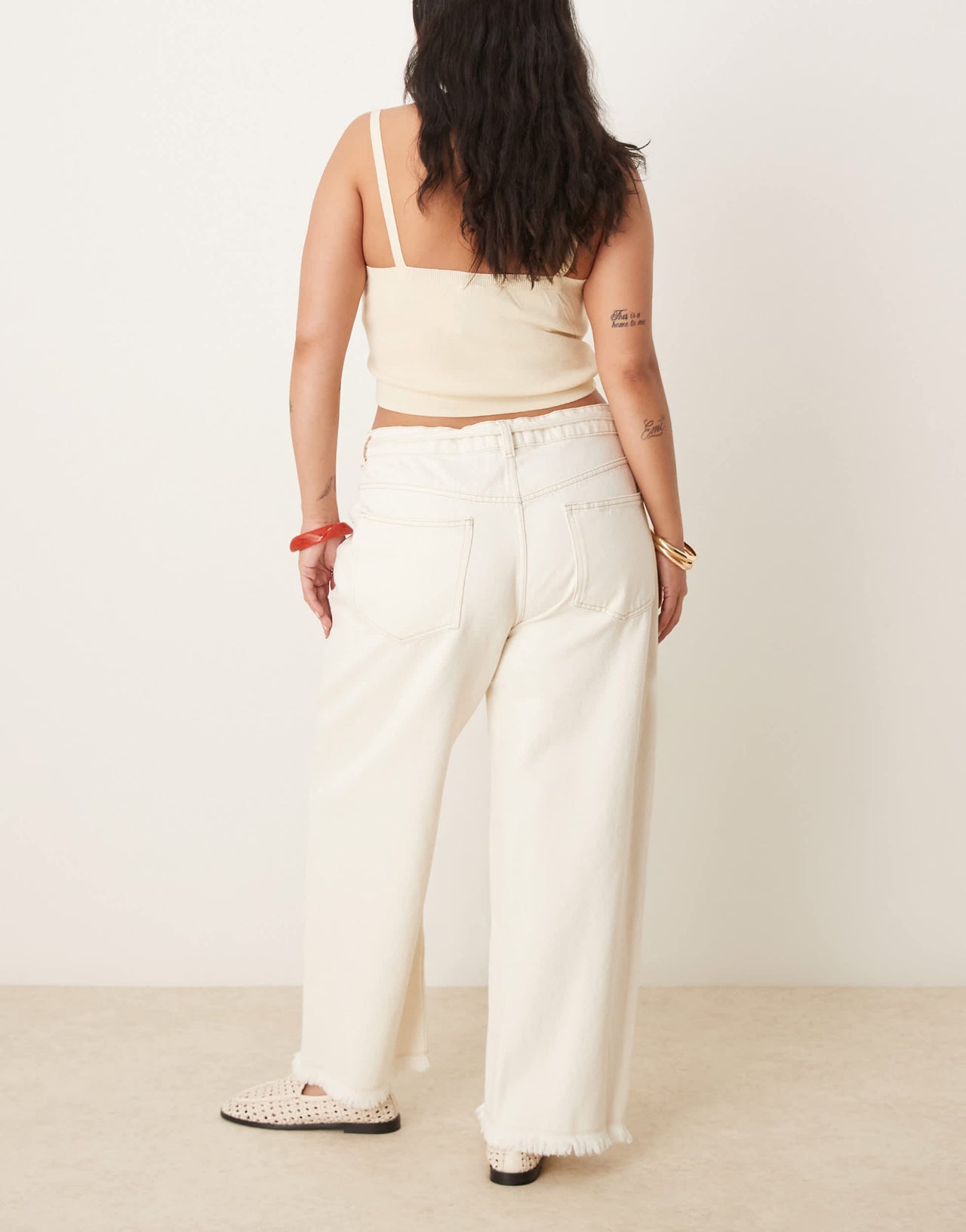 ASOS DESIGN Curve crop wide leg dad jean with belt in ecru