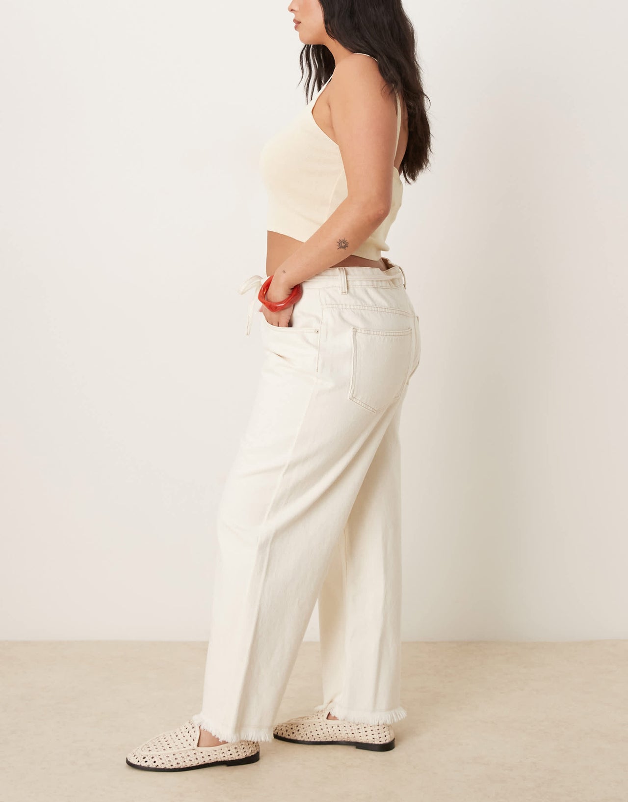 ASOS DESIGN Curve crop wide leg dad jean with belt in ecru