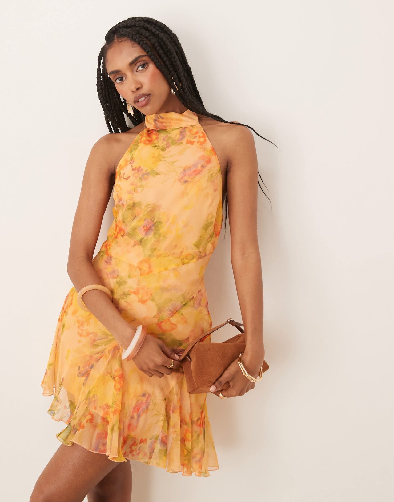 ASOS DESIGN neck tie godet hem chiffon mini dress in orange floral print