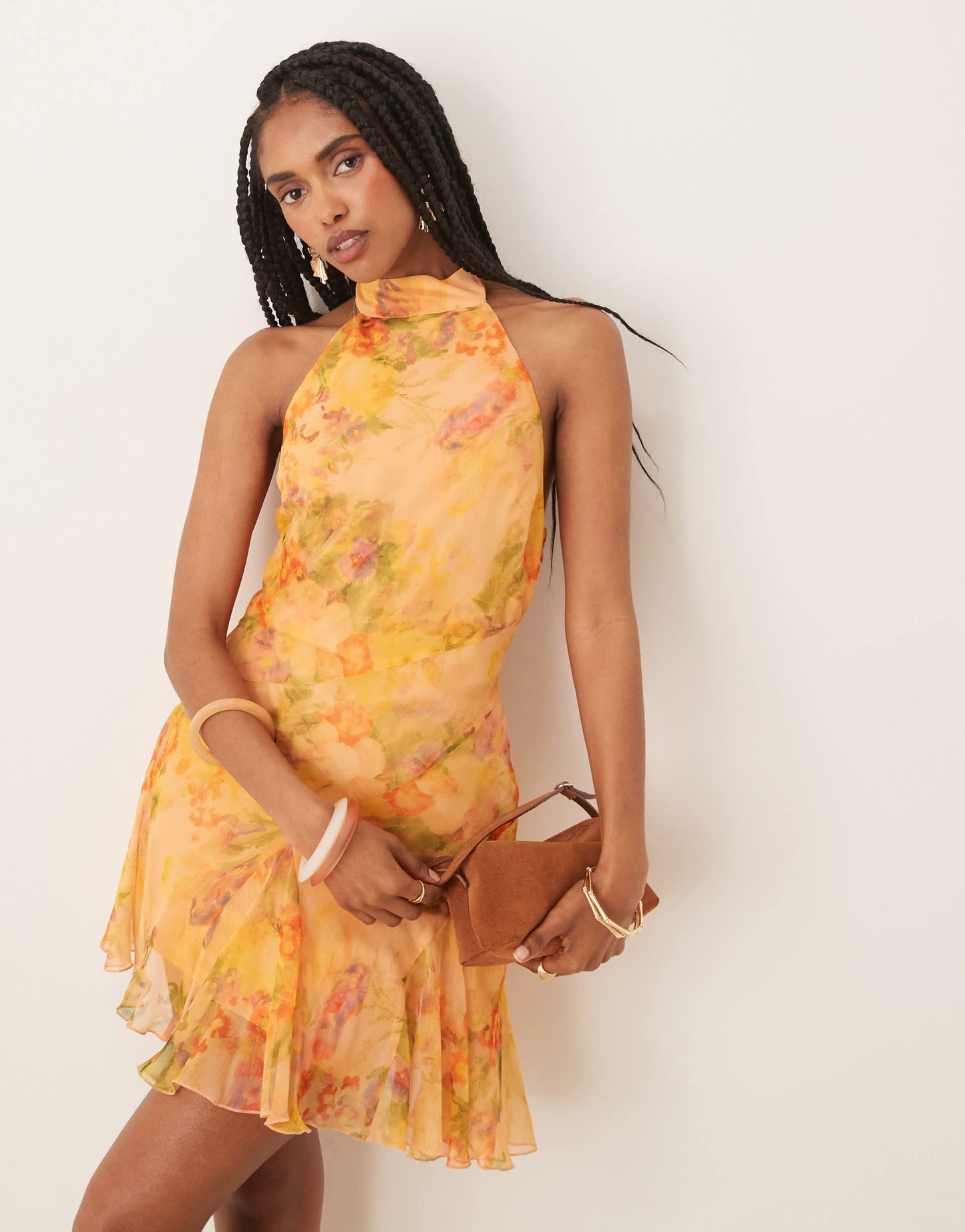 ASOS DESIGN neck tie godet hem chiffon mini dress in orange floral print
