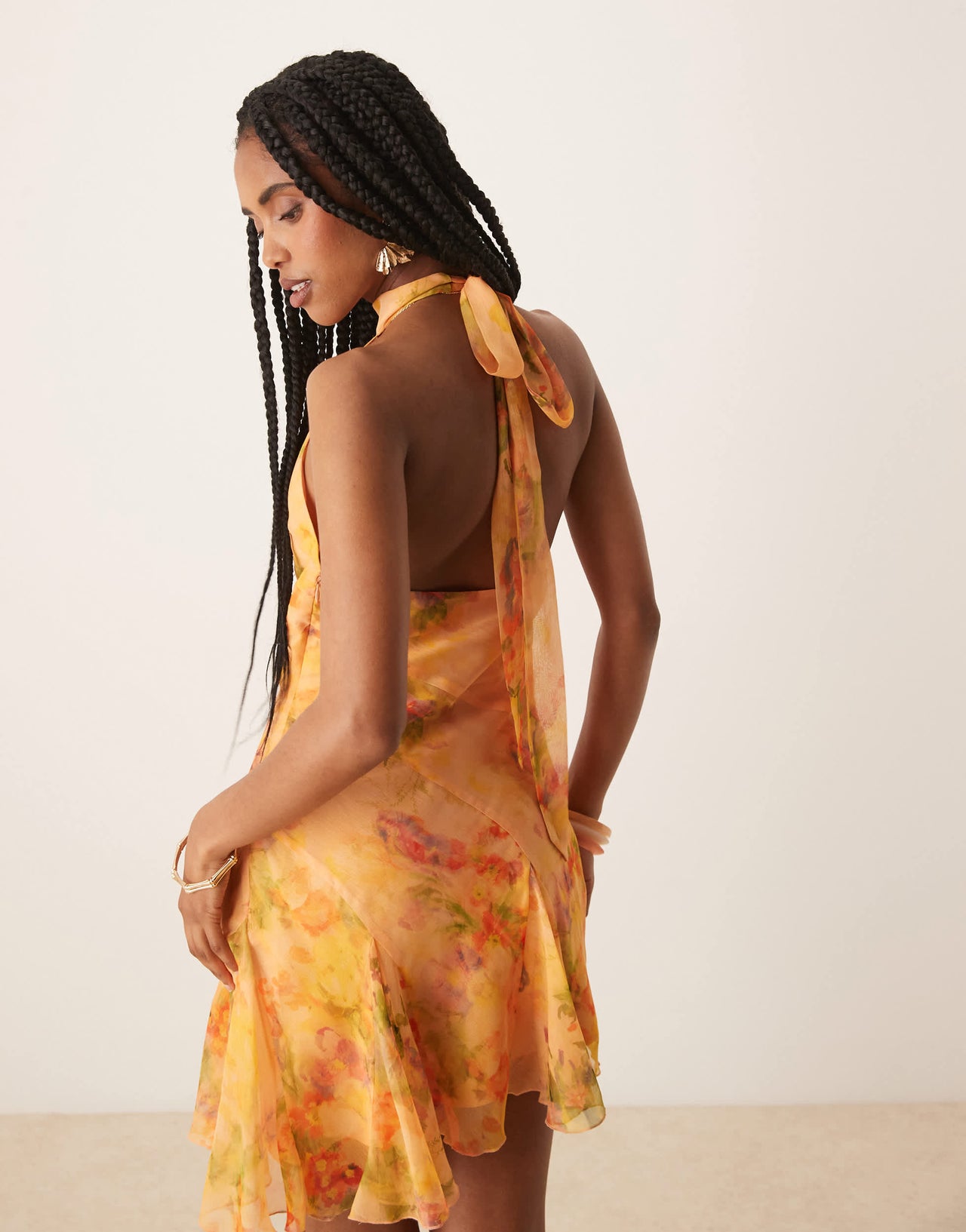 ASOS DESIGN neck tie godet hem chiffon mini dress in orange floral print