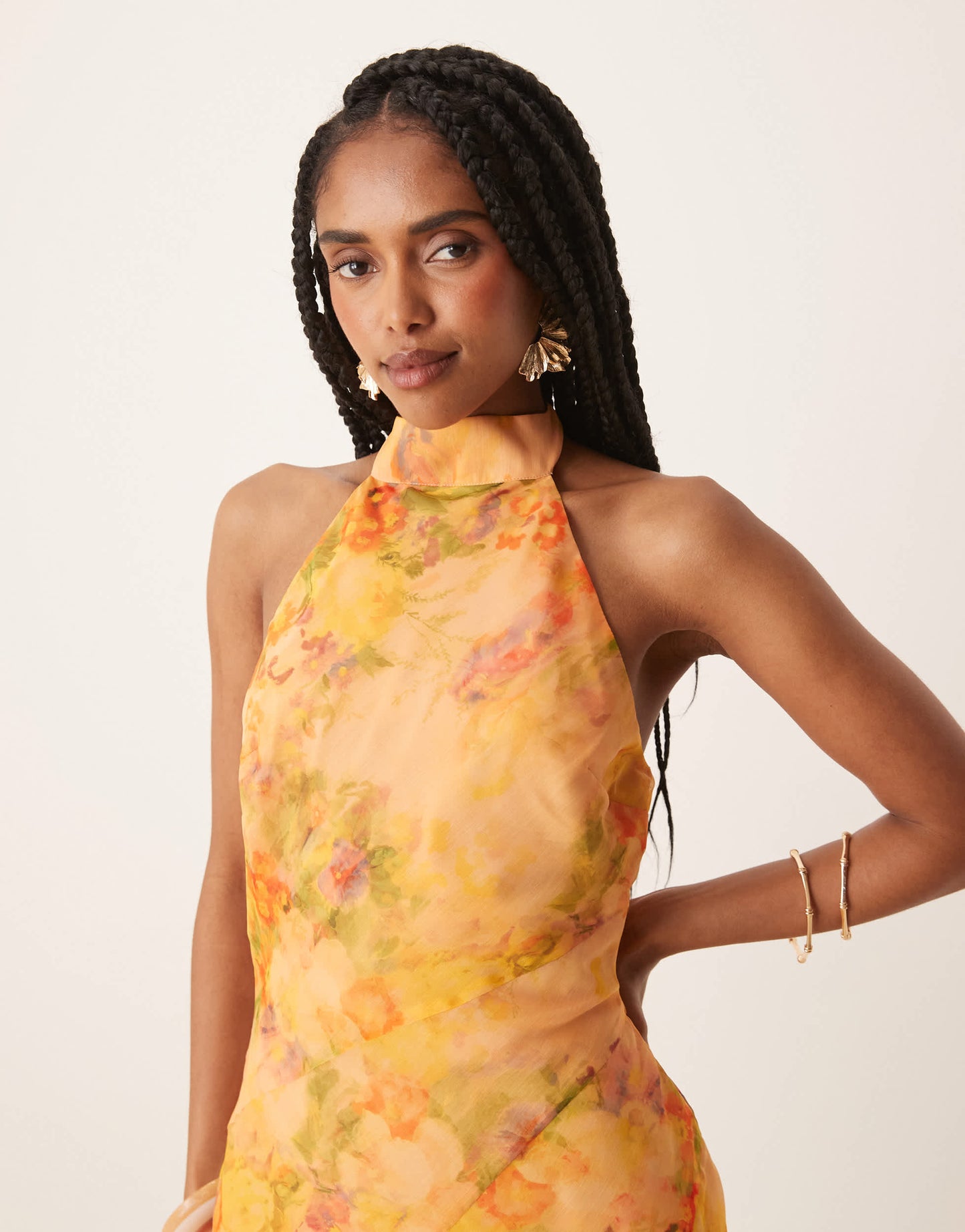 ASOS DESIGN neck tie godet hem chiffon mini dress in orange floral print