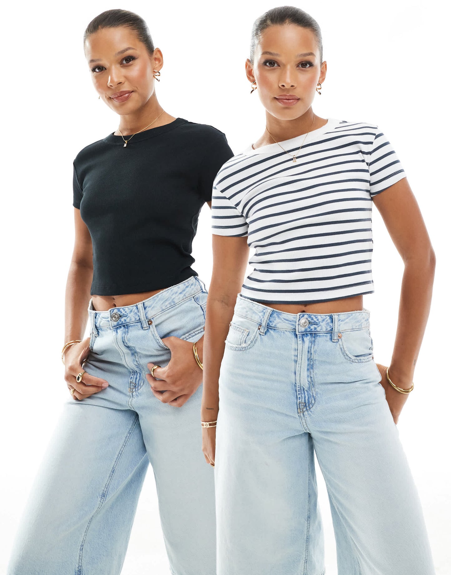 Pull&Bear 2 pack baby tee in black & stripe