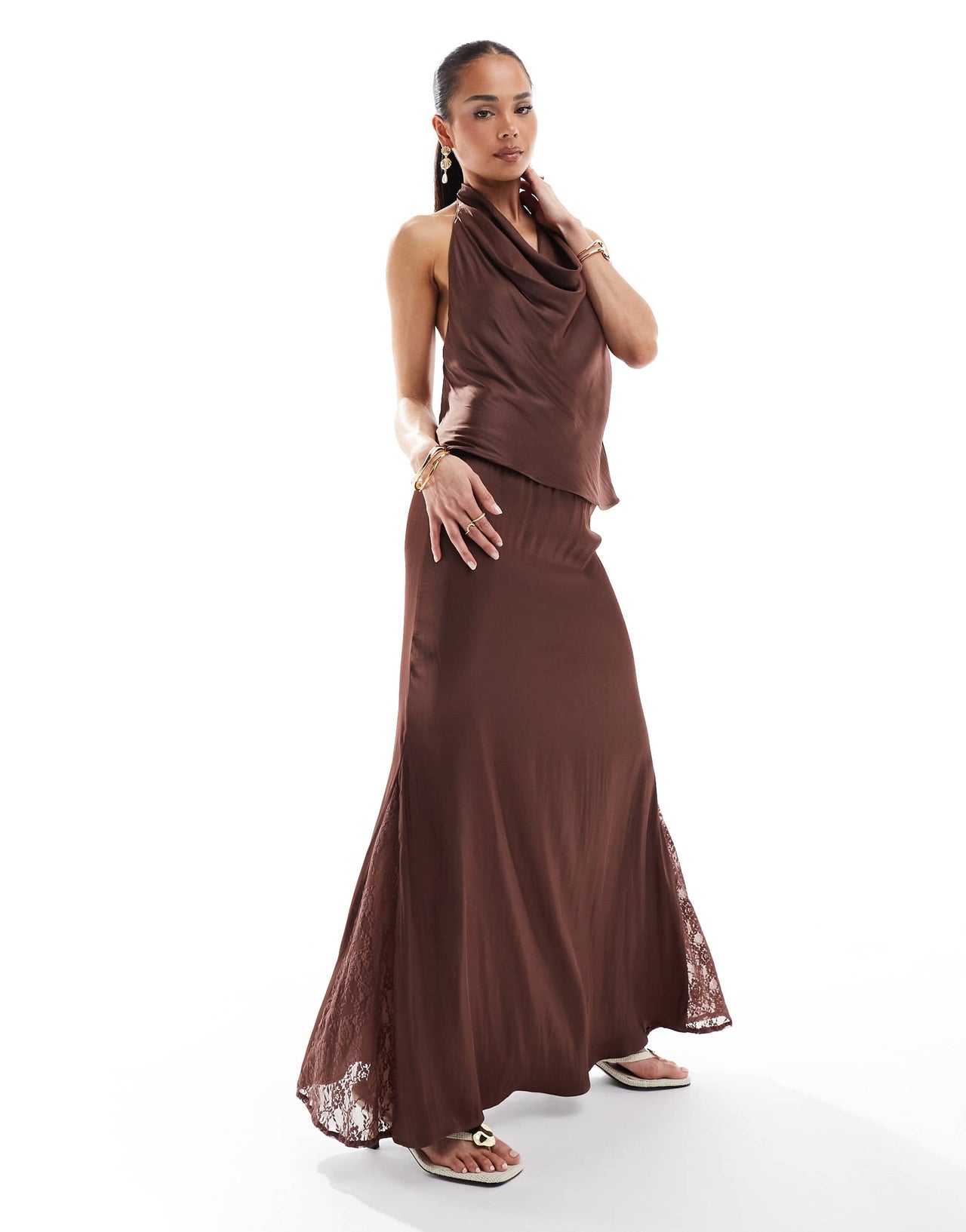 Pull&Bear satin midi skirt with lace inserts co-ord in brown