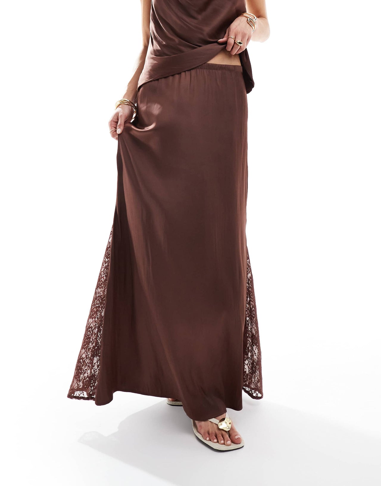 Pull&Bear satin midi skirt with lace inserts co-ord in brown