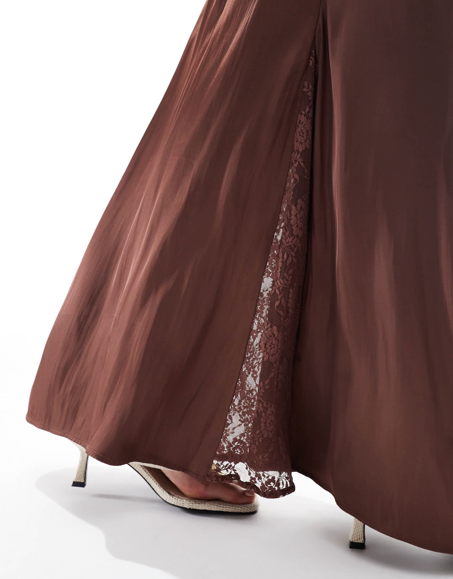 Pull&Bear satin midi skirt with lace inserts co-ord in brown