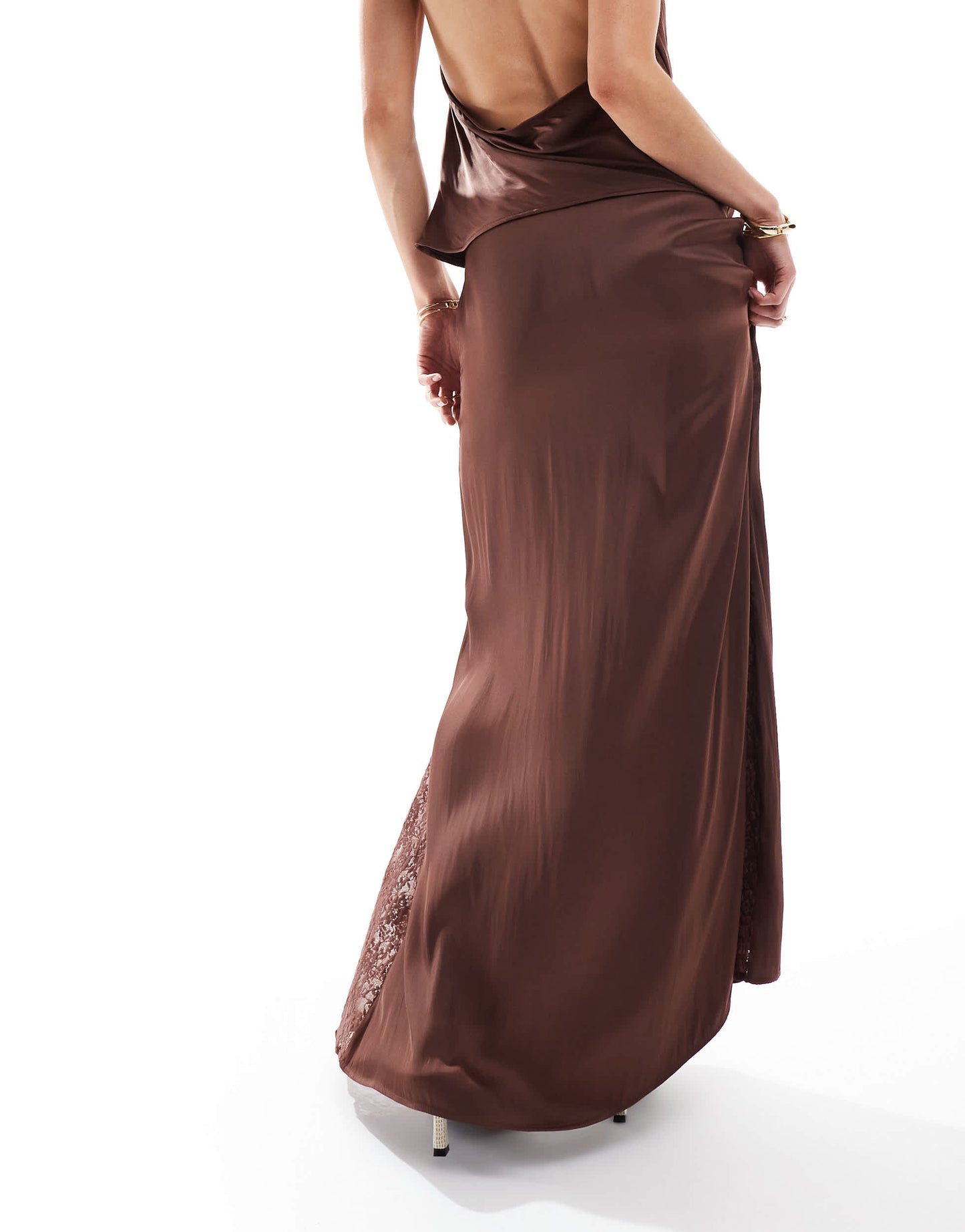 Pull&Bear satin midi skirt with lace inserts co-ord in brown
