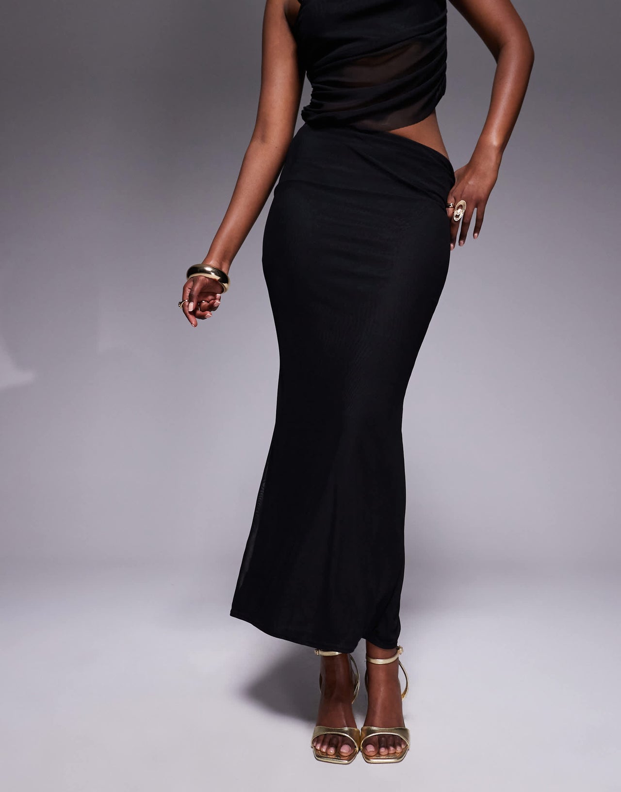 Missyempire slinky mesh overlay maxi skirt co-ord in black