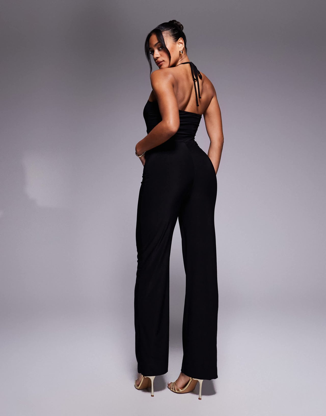 Missyempire double sculpted slinky strappy cut out gold detail jumpsuit in black