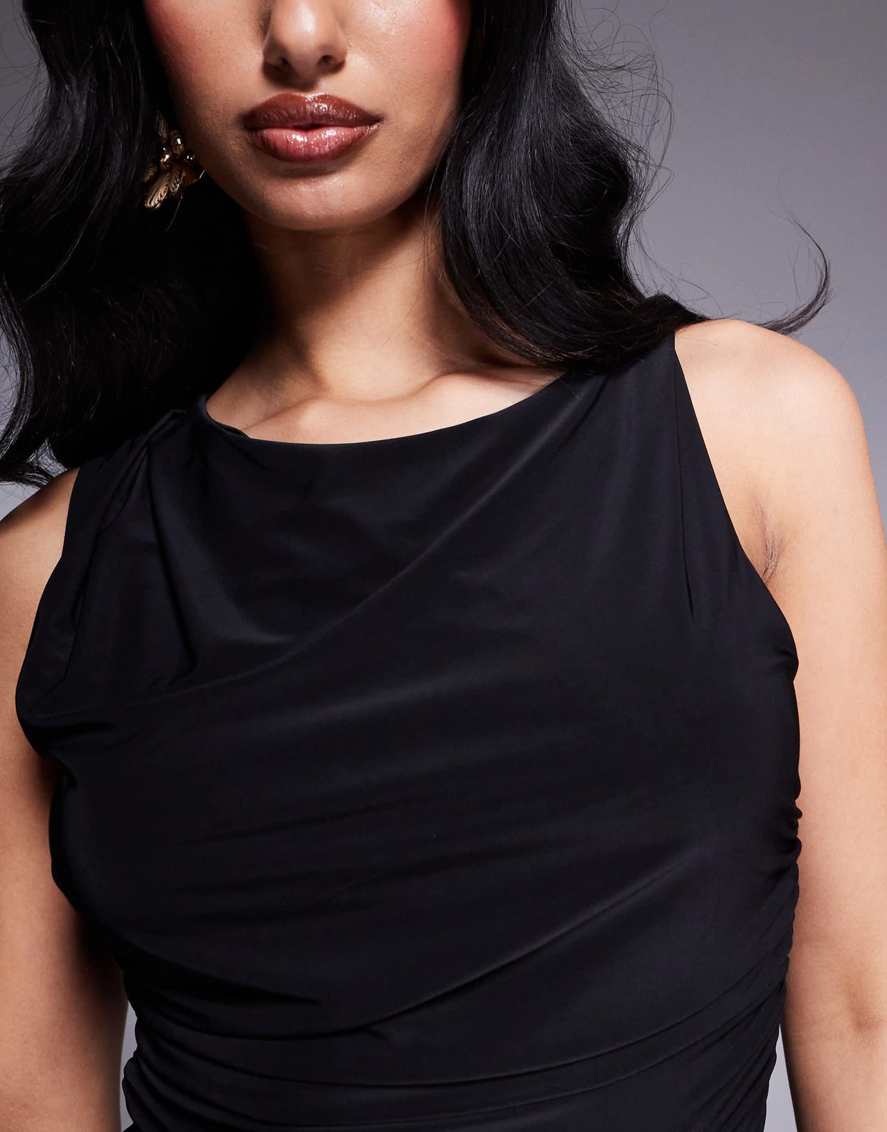 Missyempire double layered slinky twist shoulder open back top in black