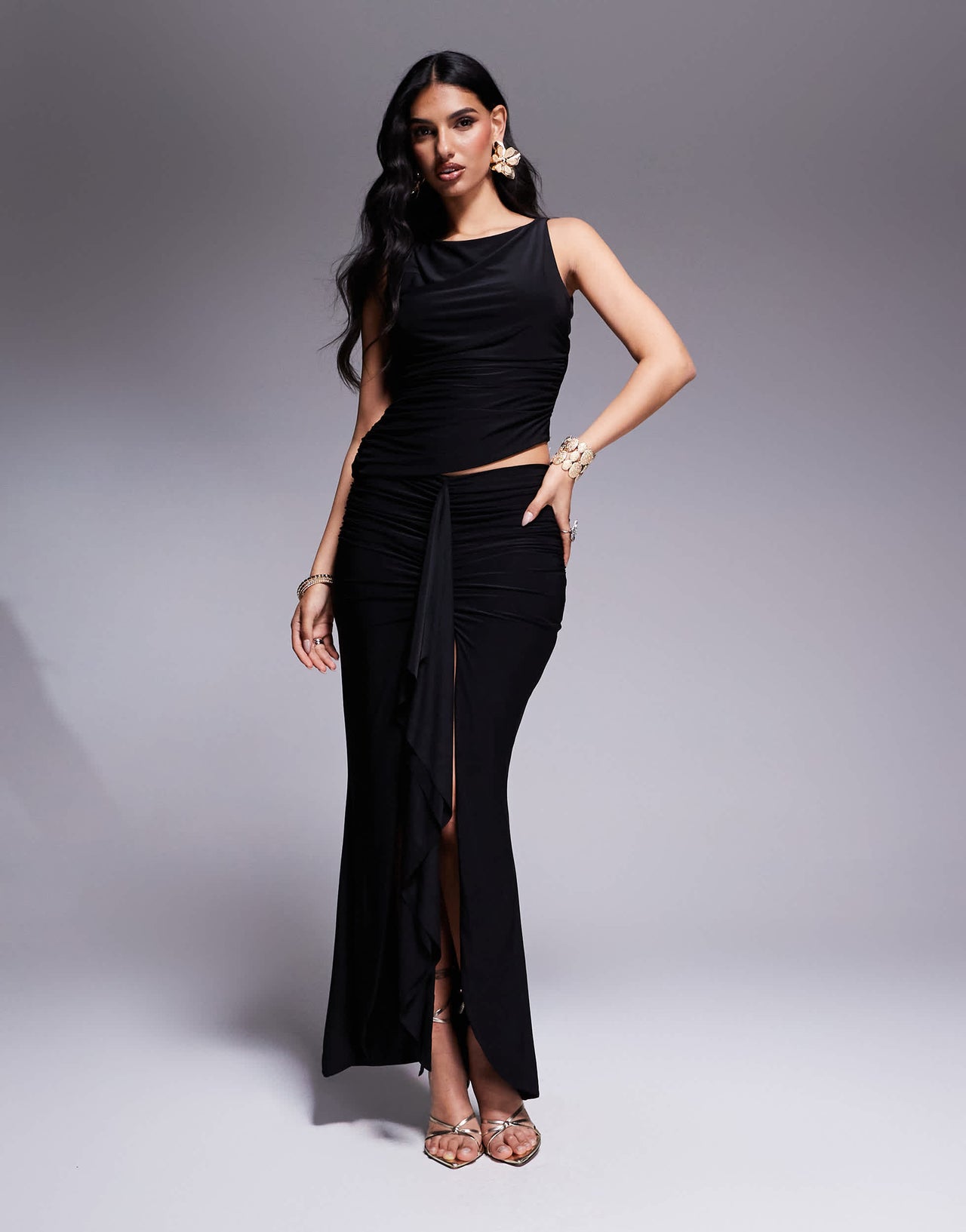 Missyempire double layered slinky twist shoulder open back top in black