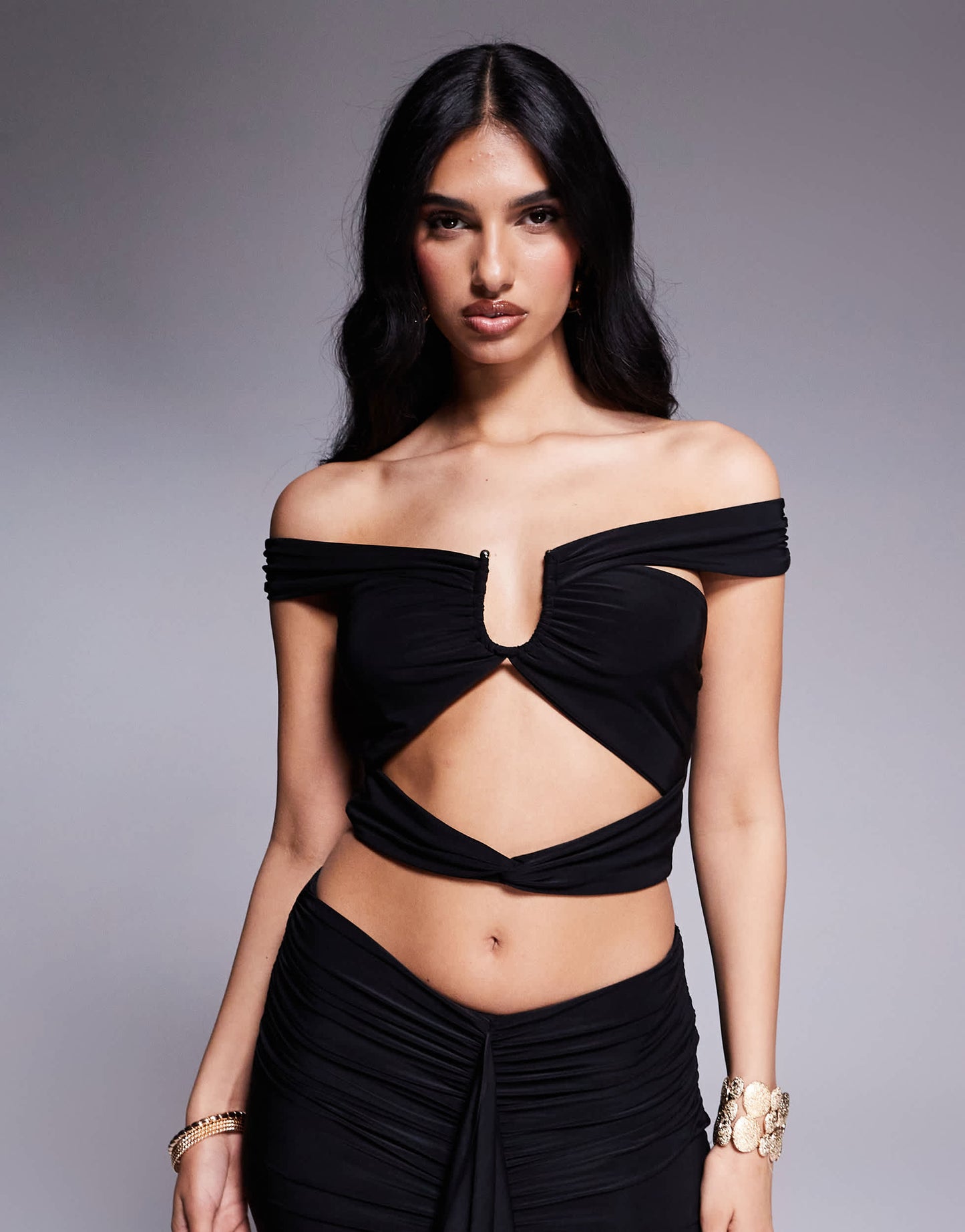 Missyempire slinky bardot cutout crop top co-ord in black