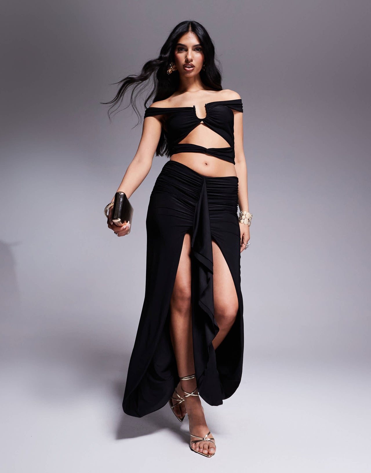 Missyempire slinky bardot cutout crop top co-ord in black