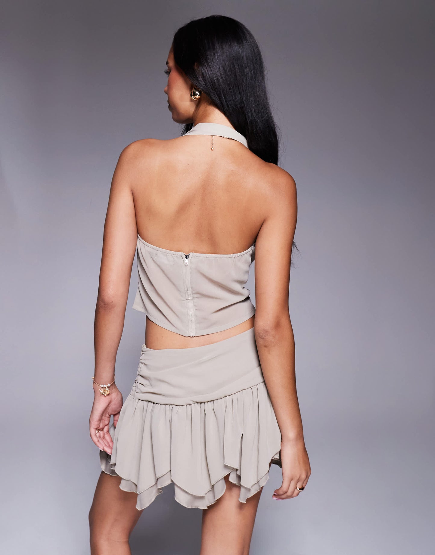 Missyempire chiffon asymmetric hem mini skirt co-ord in stone