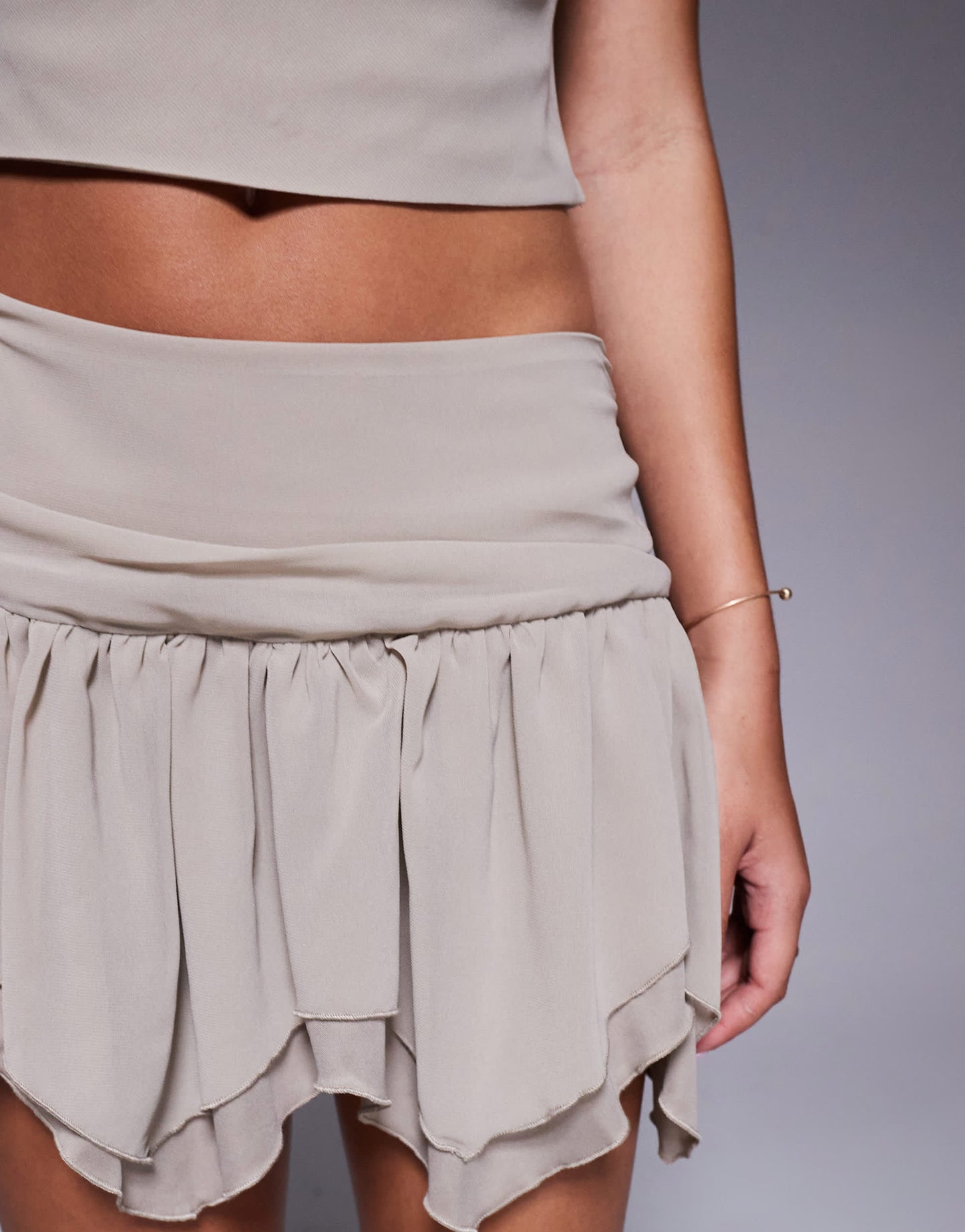 Missyempire chiffon asymmetric hem mini skirt co-ord in stone