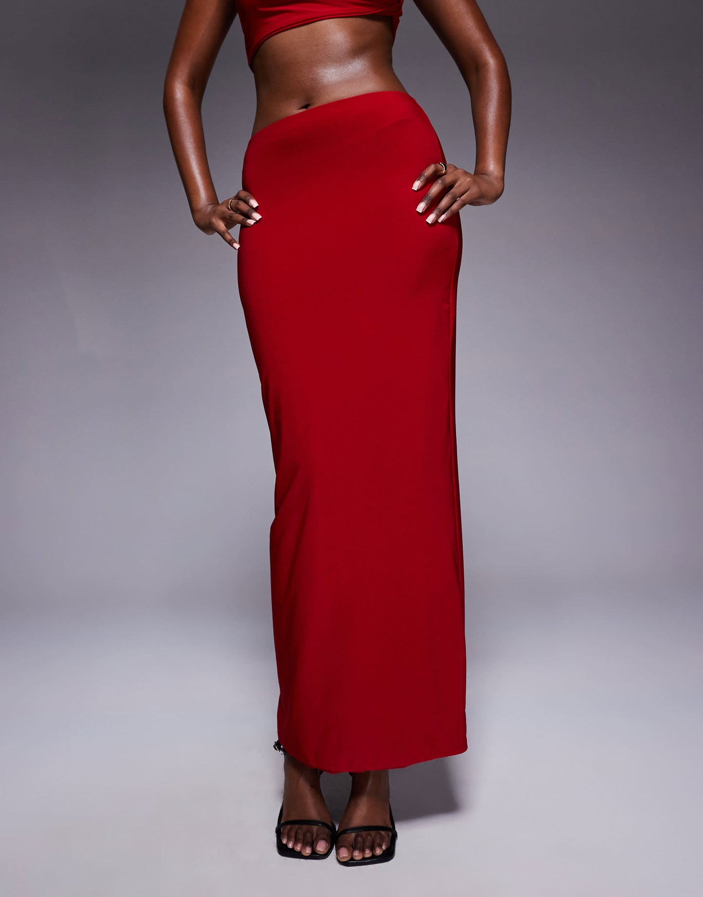 Missyempire double layered slinky high waisted maxi skirt co-ord in red