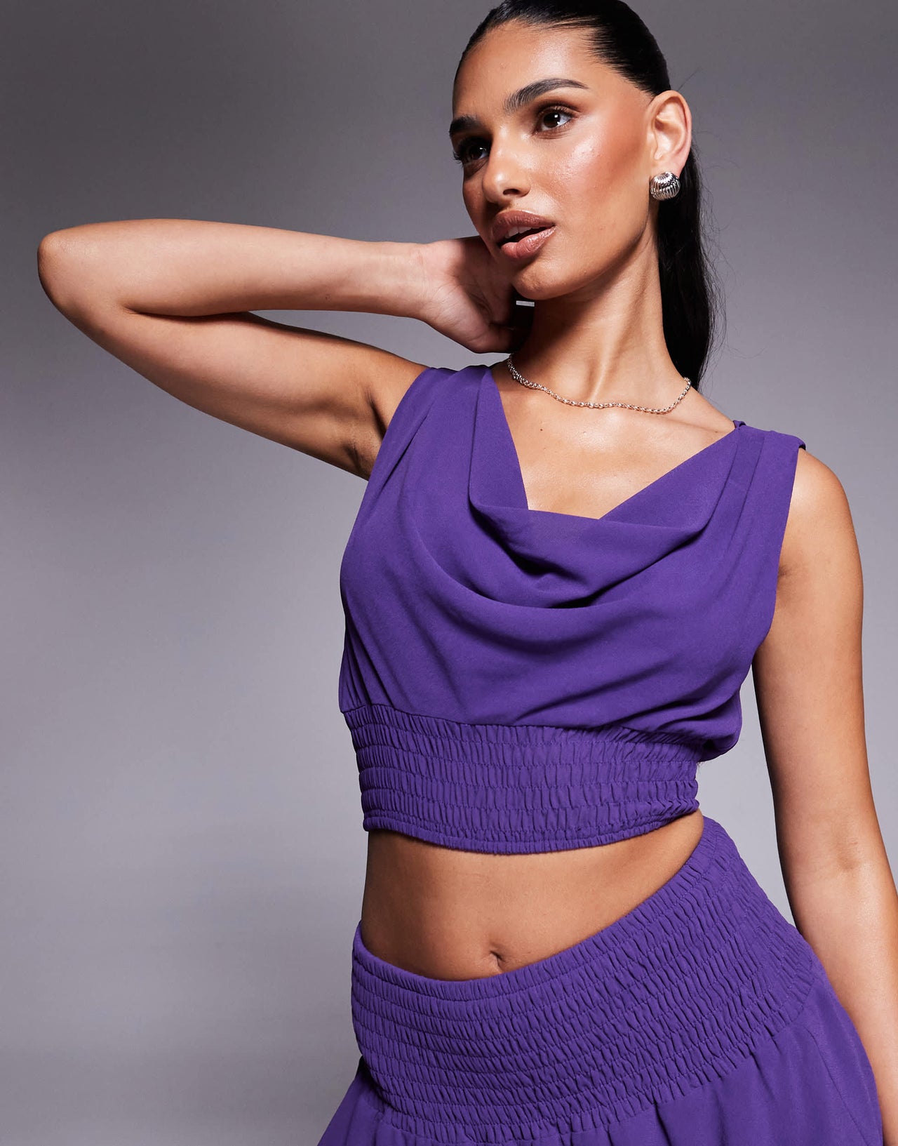 Missyempire chiffon cowl neck shirred top co-ord in purple