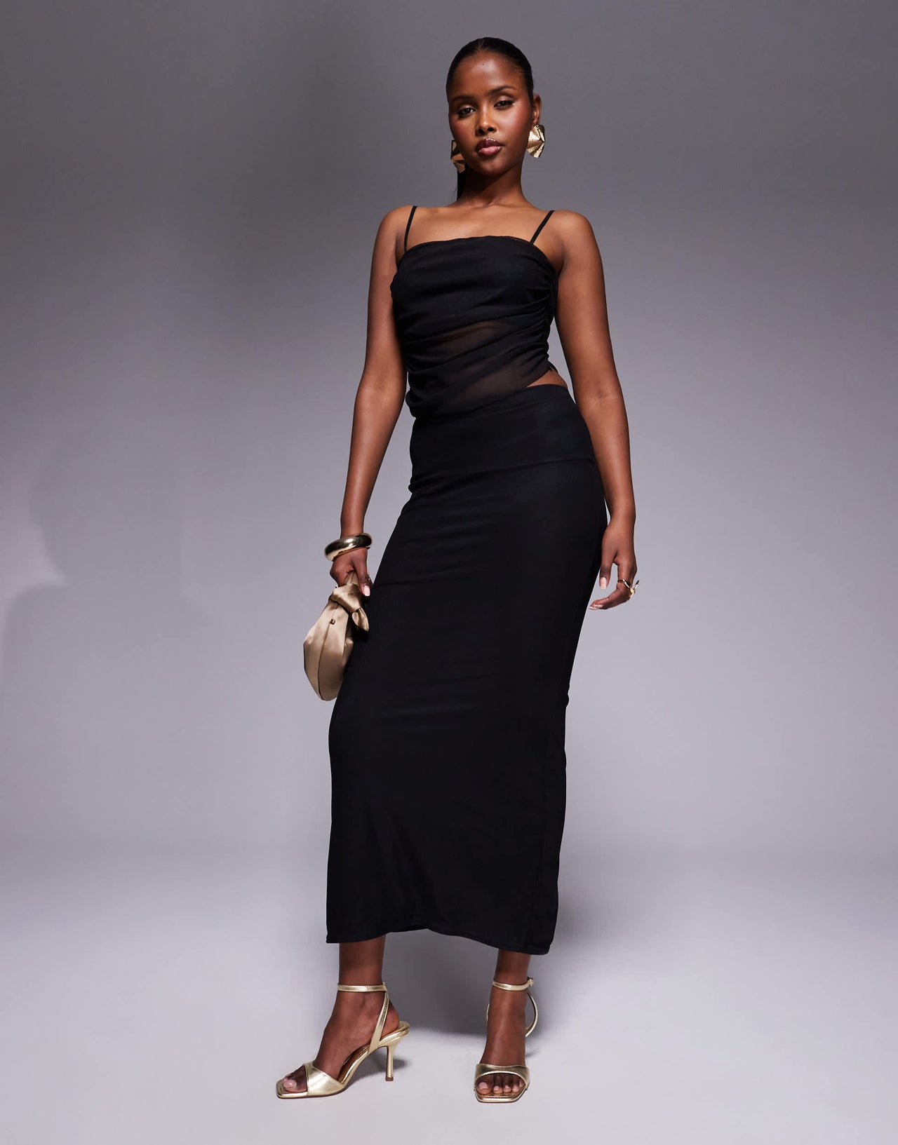 Missyempire slinky square neck ruched mesh detail top co-ord in black