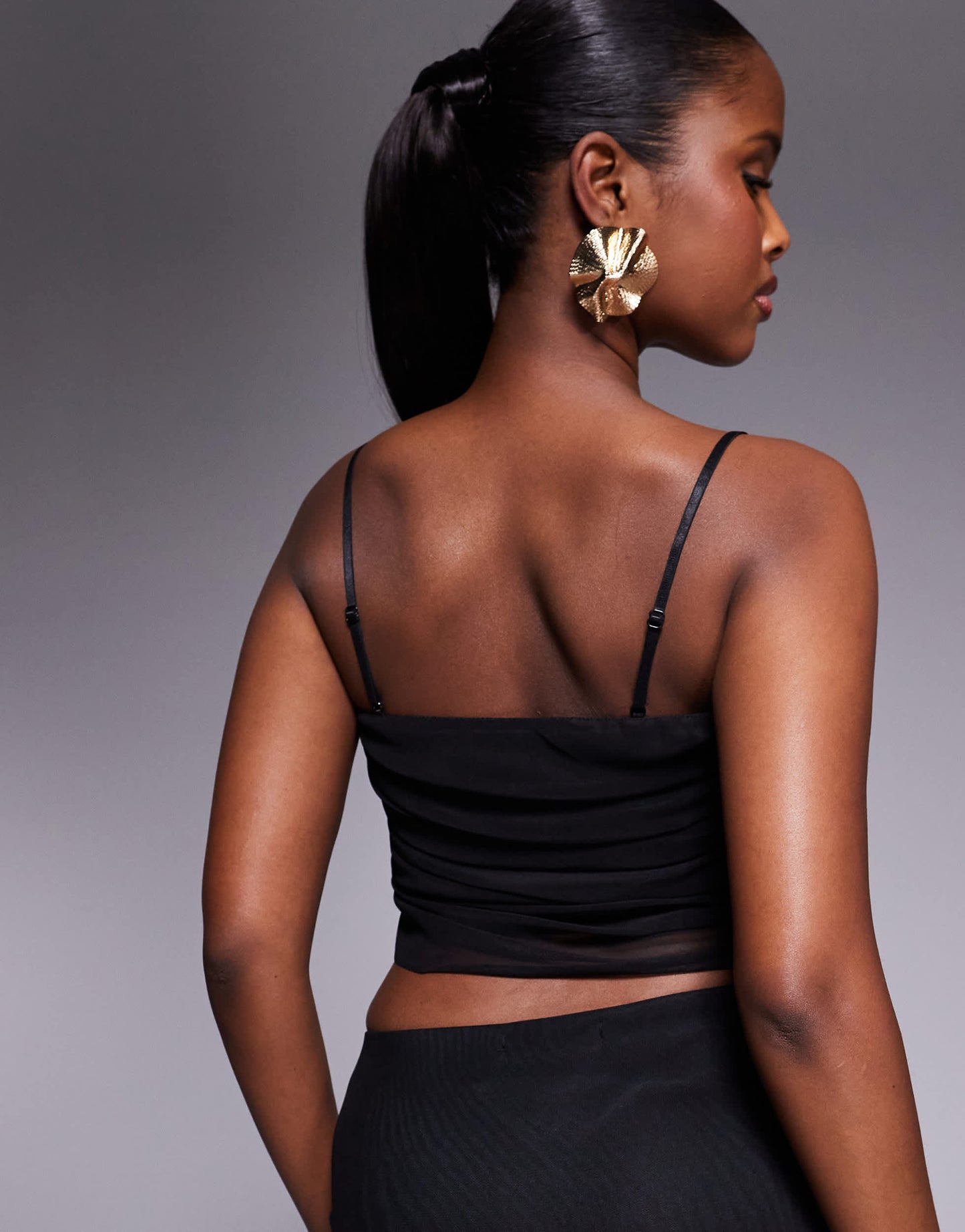 Missyempire slinky square neck ruched mesh detail top co-ord in black