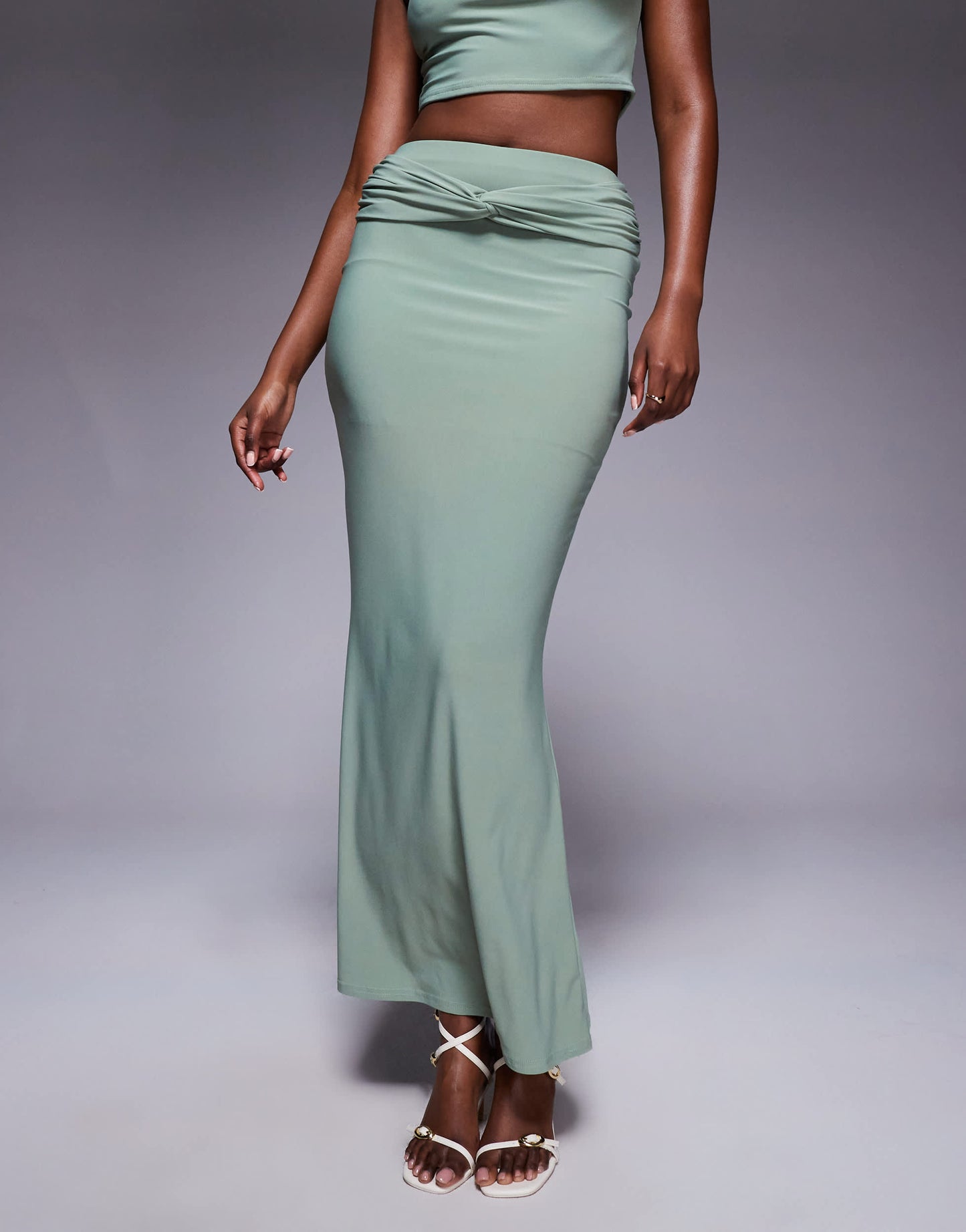 Missyempire double sculpted slinky knot front maxi skirt co-ord in sage