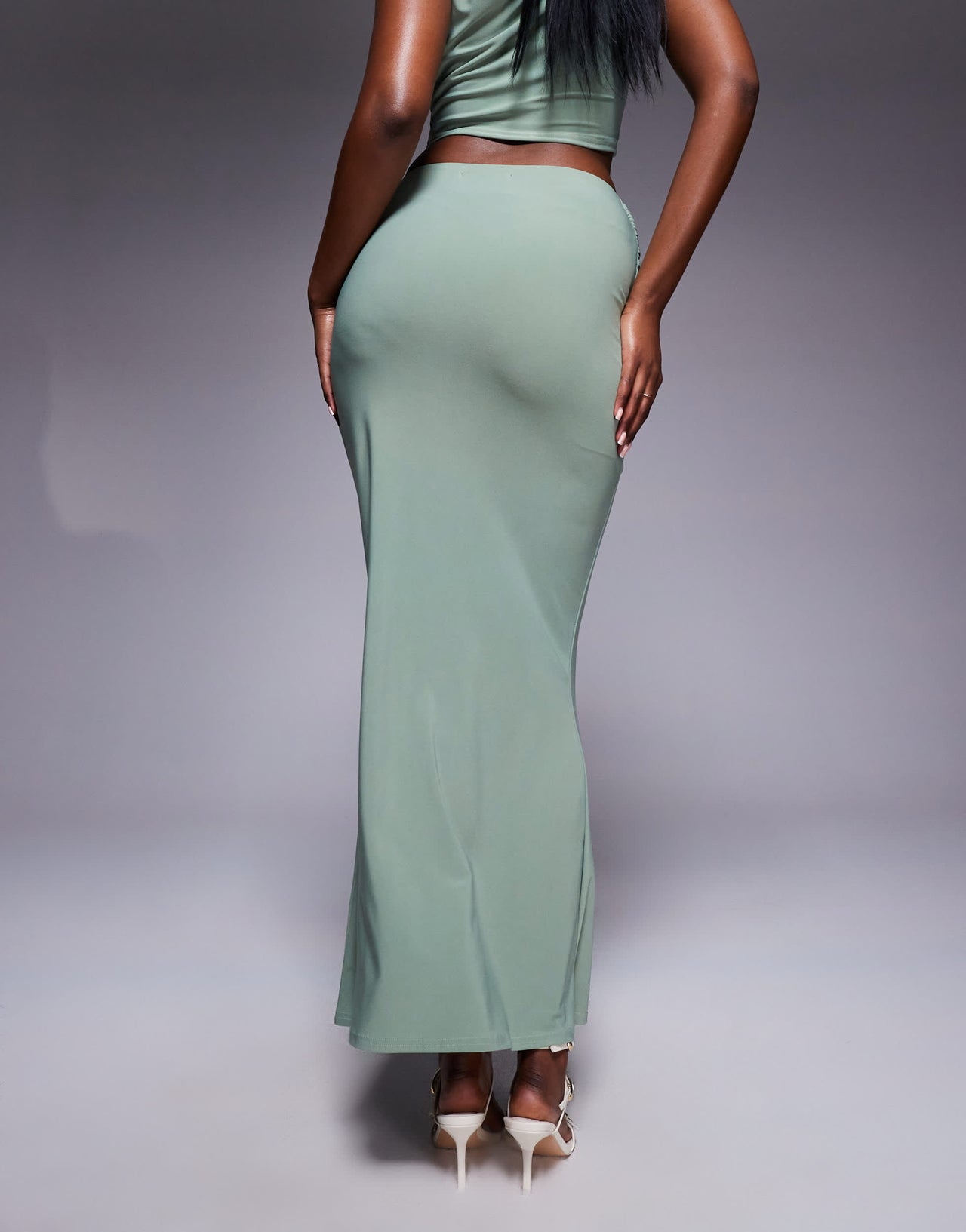 Missyempire double sculpted slinky knot front maxi skirt co-ord in sage
