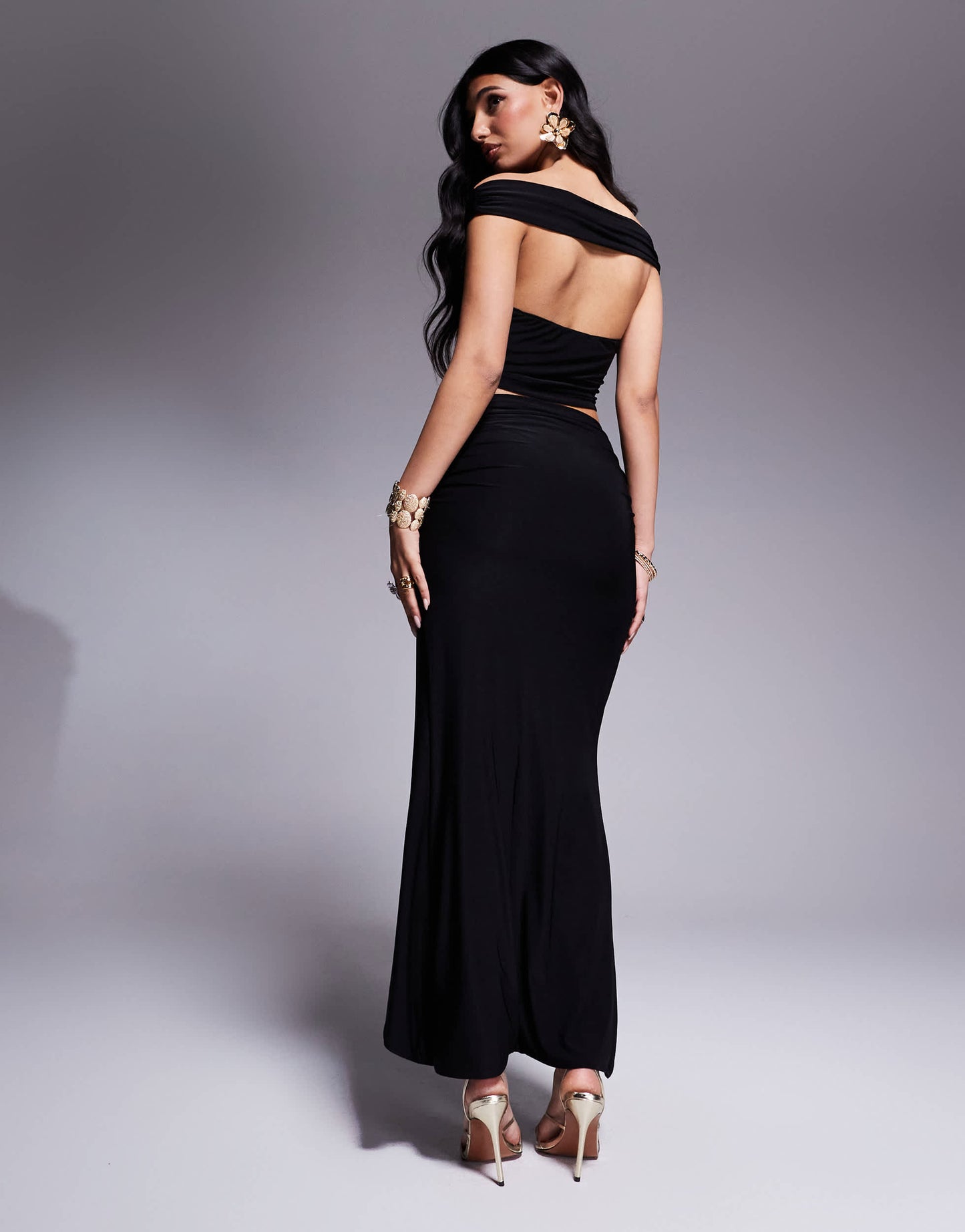 Missyempire slinky high low drape front maxi skirt co-ord in black