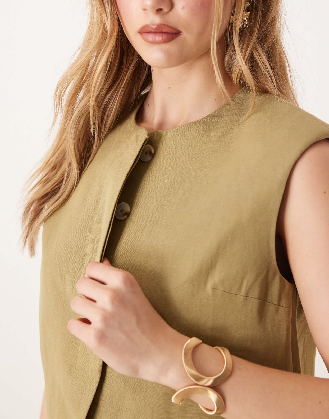 ASOS DESIGN high neck boxy waistcoat co-ord with linen in khaki