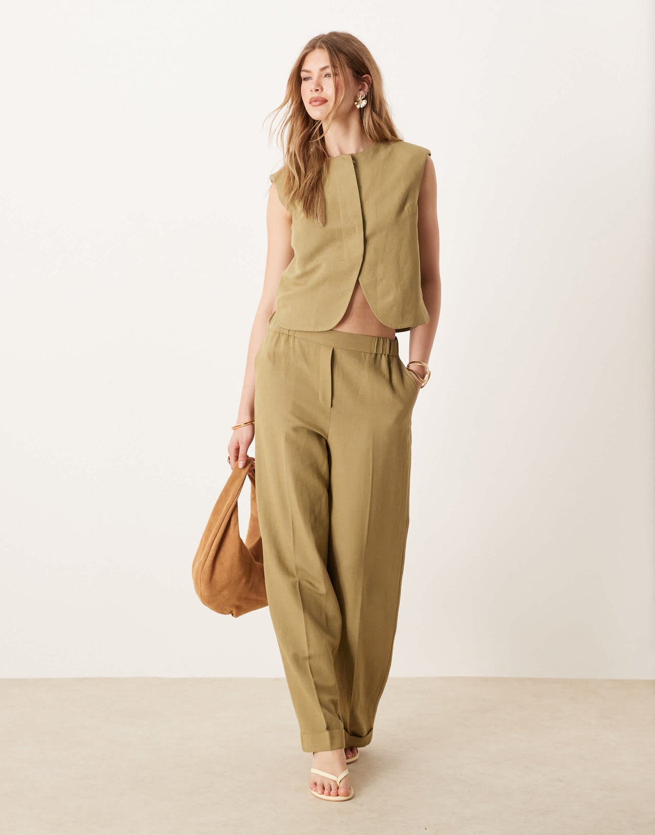 ASOS DESIGN high neck boxy waistcoat co-ord with linen in khaki
