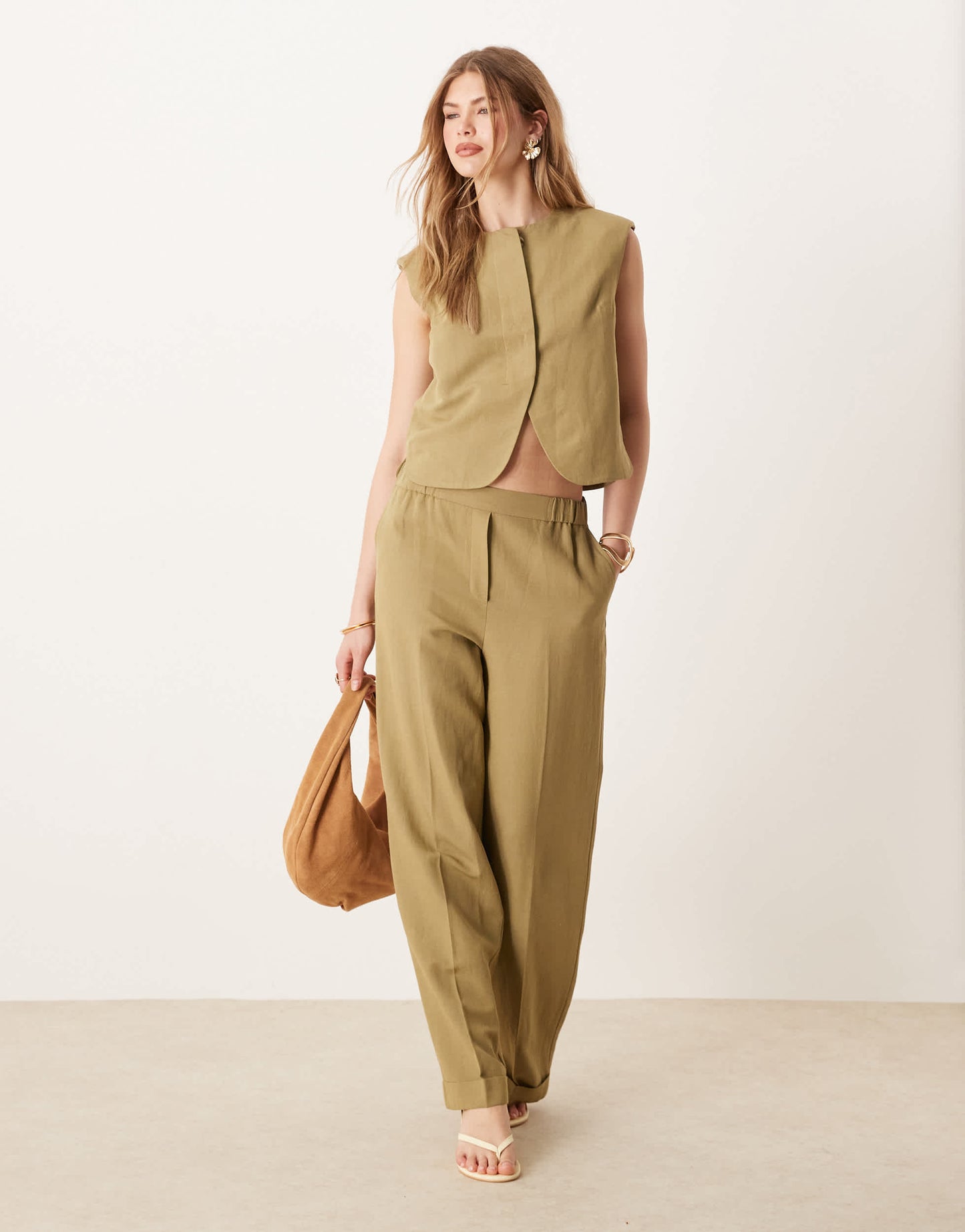 ASOS DESIGN high neck boxy waistcoat co-ord with linen in khaki
