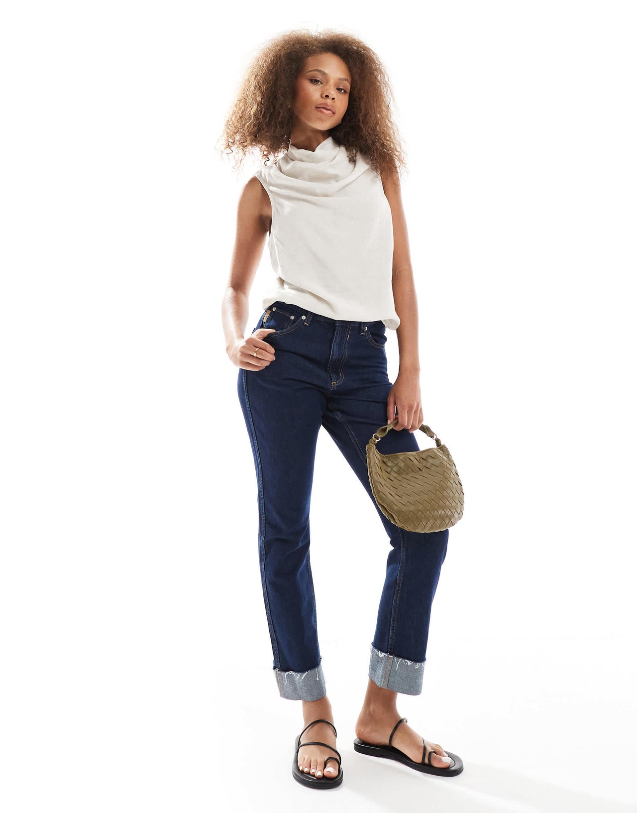 ASOS DESIGN cowl neck sleeveless top in linen blend in stone