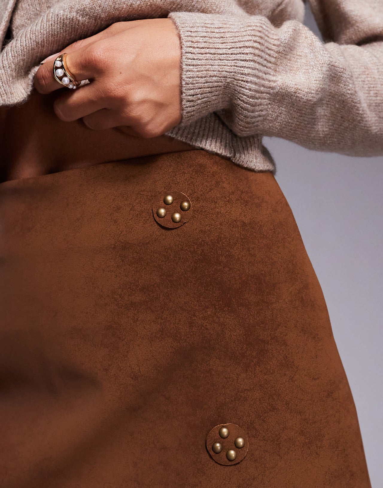 ASOS DESIGN faux suede stud detail mini skirt in brown