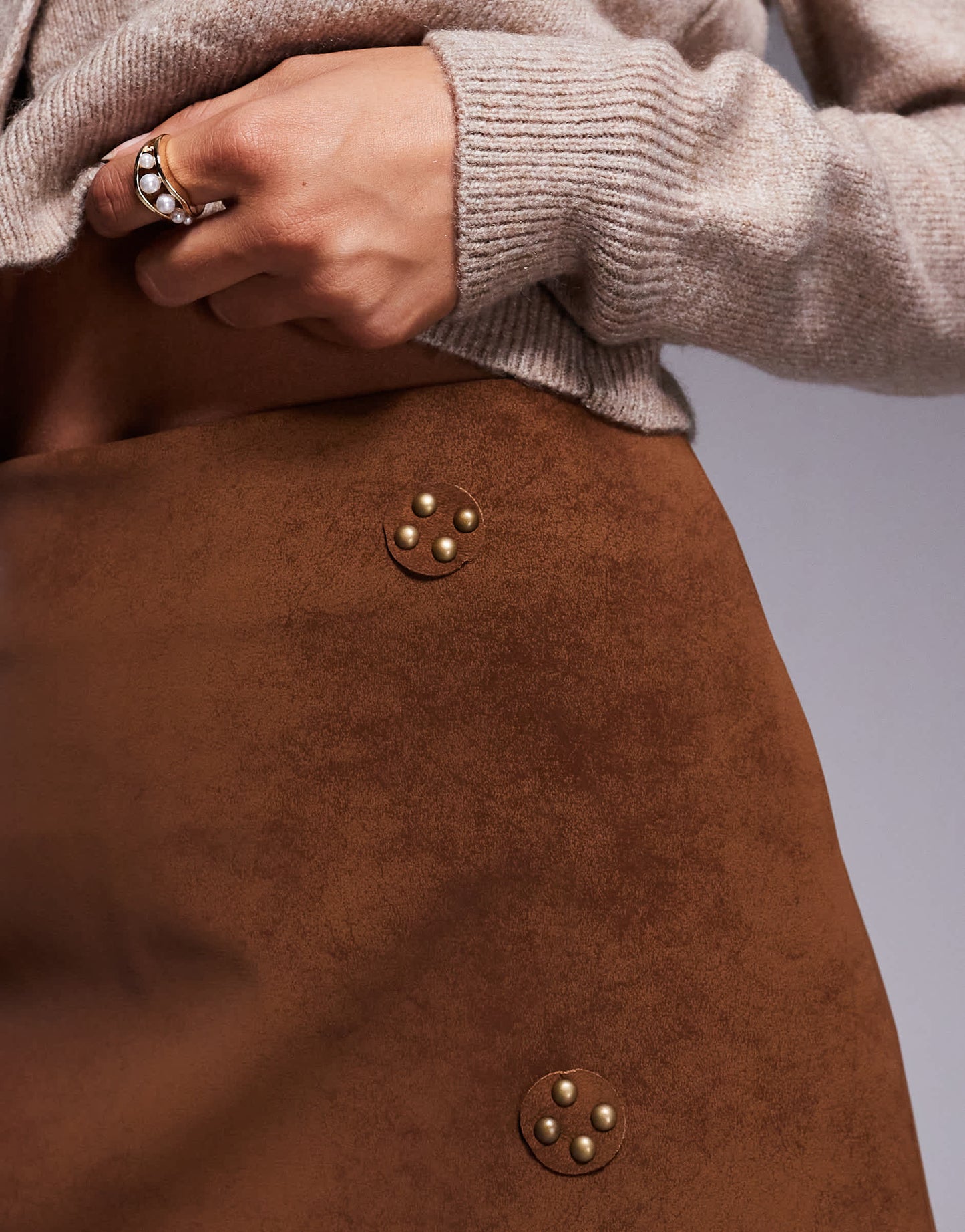 ASOS DESIGN faux suede stud detail mini skirt in brown