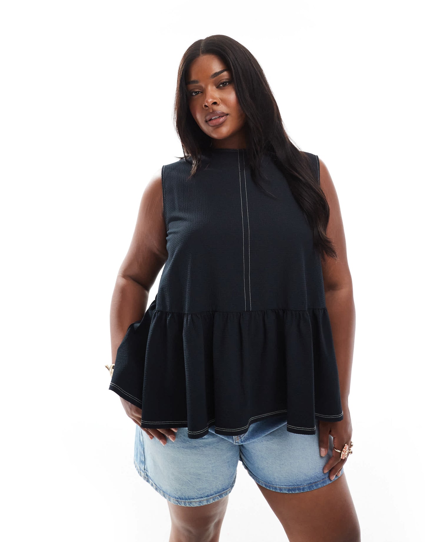 ASOS DESIGN Curve sleeveless peplum top with tie back in black